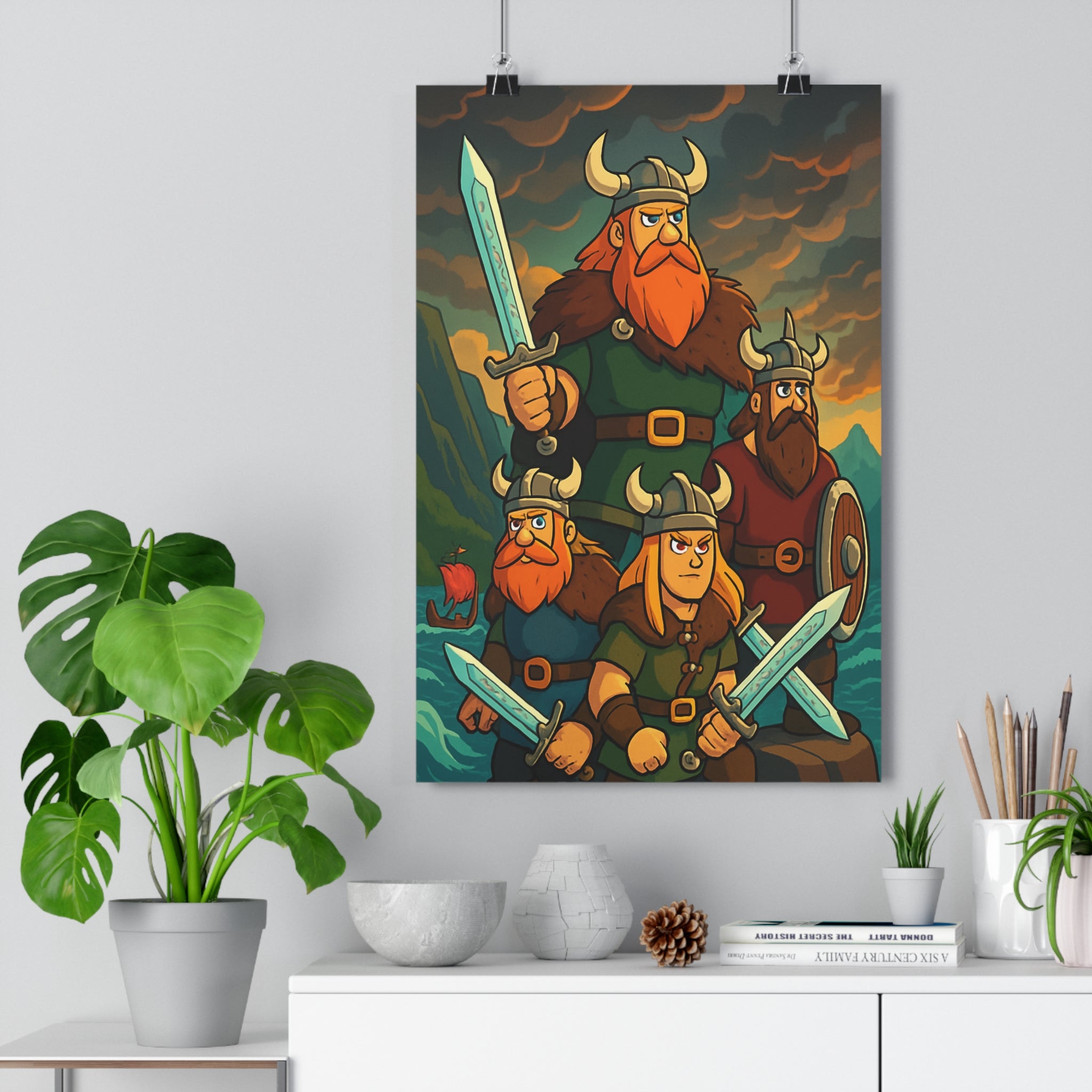 Poster décoratif épique guerriers nordiques aventuriers salon viking style mythologique dramatique couleurs vives qualité