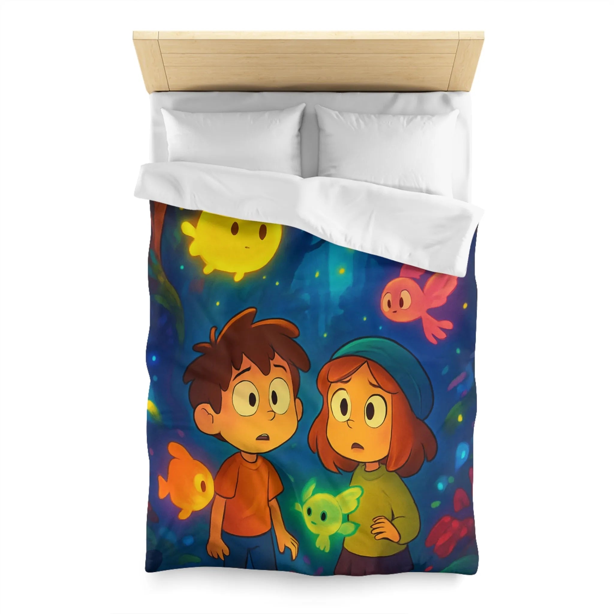 Housse de Couette Enfant Fantaisie avec Créatures Lumineuses dans Forêt Mystérieuse et Enchantée