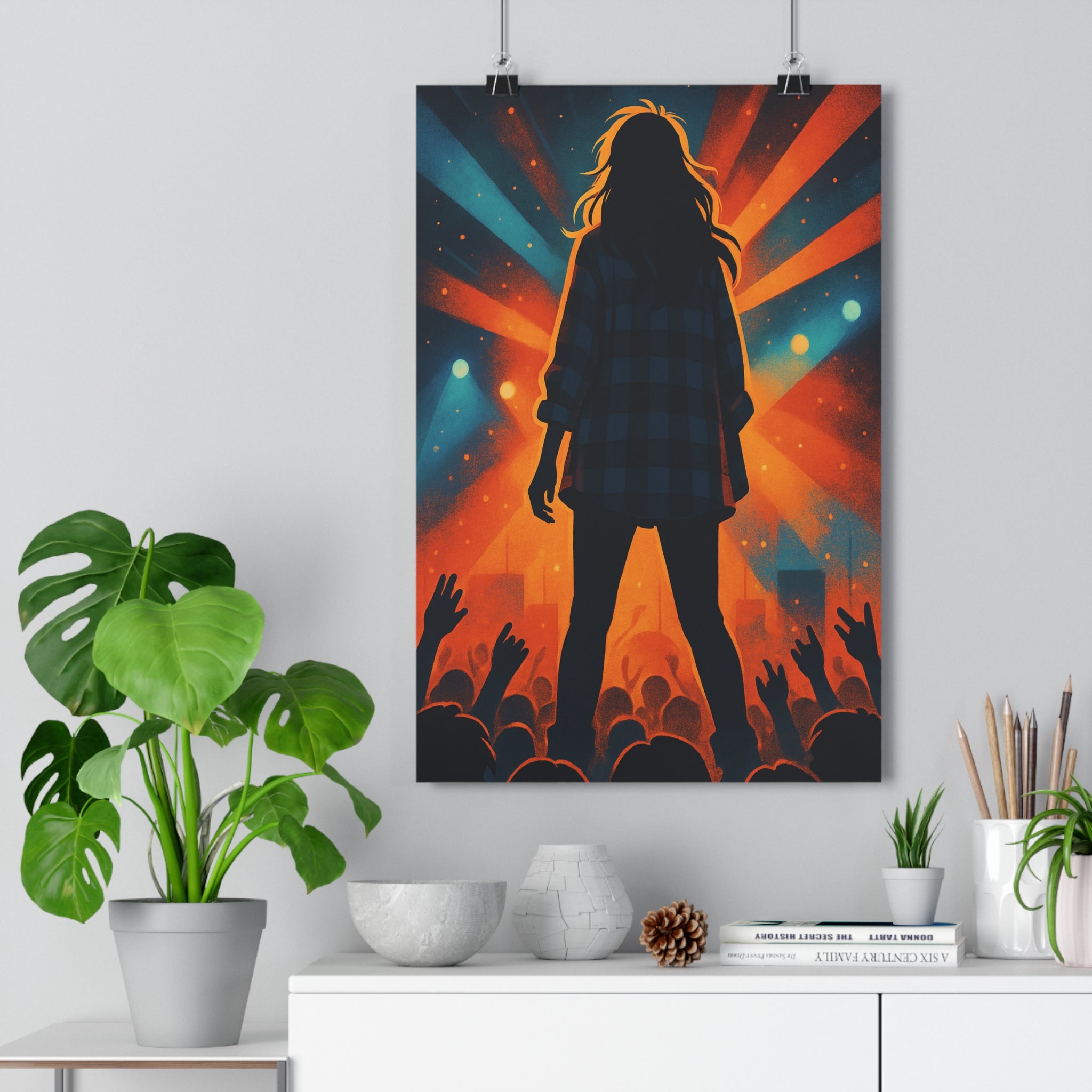 Poster décoratif concert silhouette artistique vibrant alternatif bleu orange salon musique moderne ambiance qualité