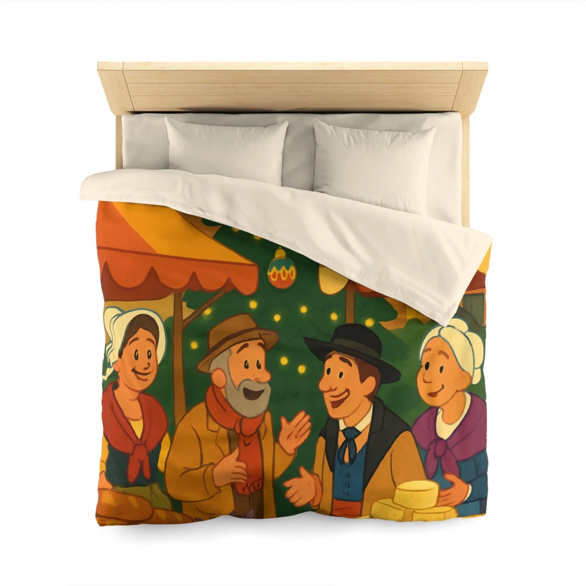 Housse de couette festive avec marché de Noël et sapin illuminé au village