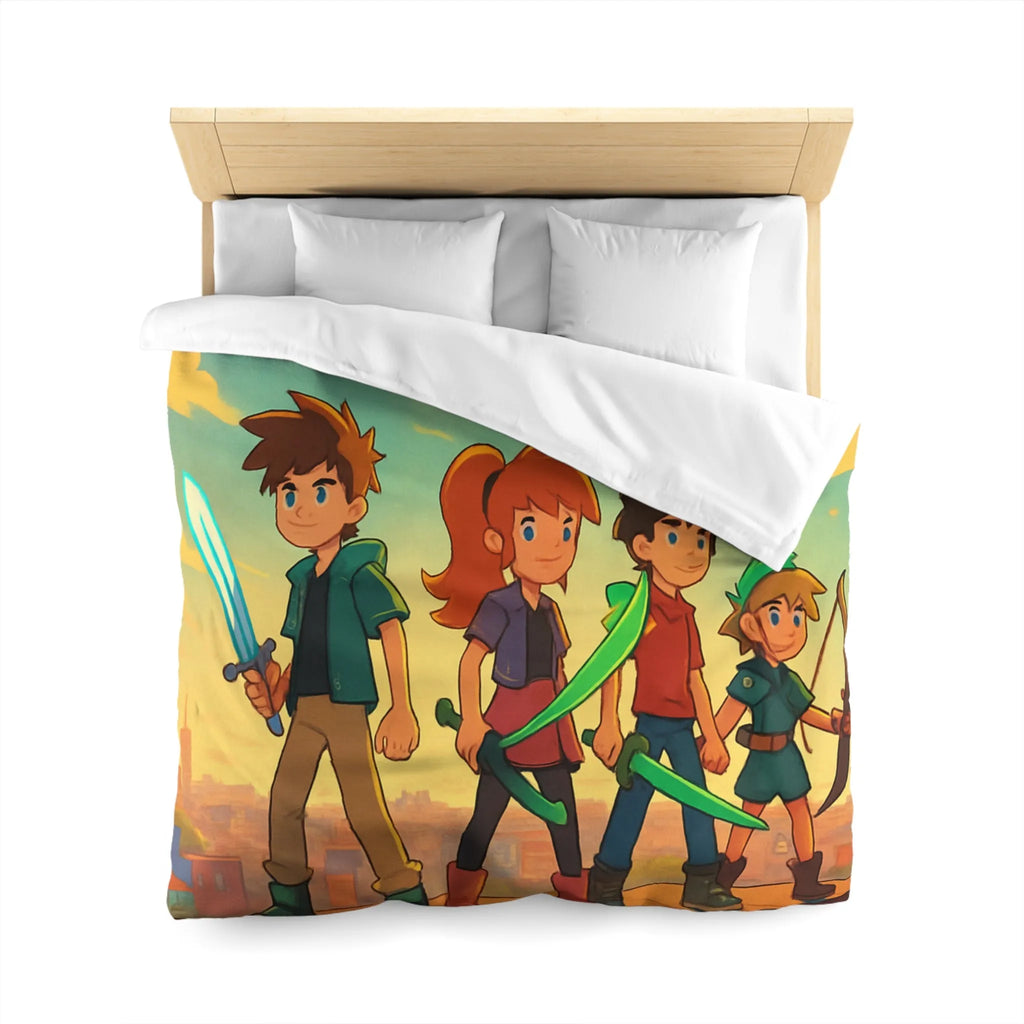 Housse de couette colorée avec quatre héros et ciel étoilé multicolore