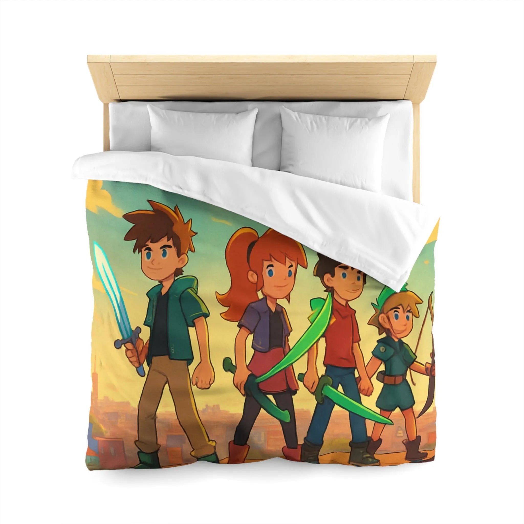 Housse de couette colorée avec quatre héros et ciel étoilé multicolore