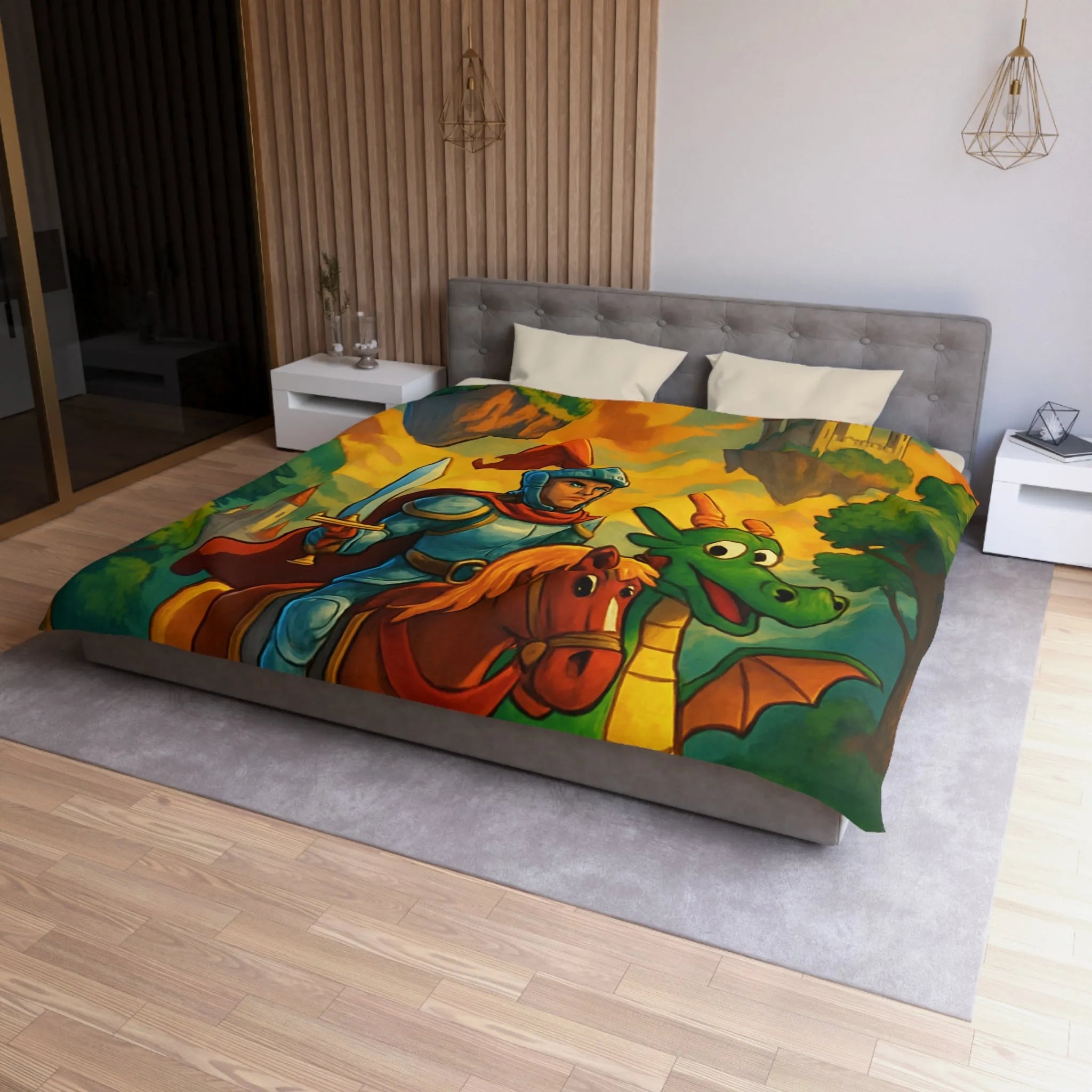 Housse de couette médiévale colorée avec chevalier, dragon et châteaux flottants fantastiques
