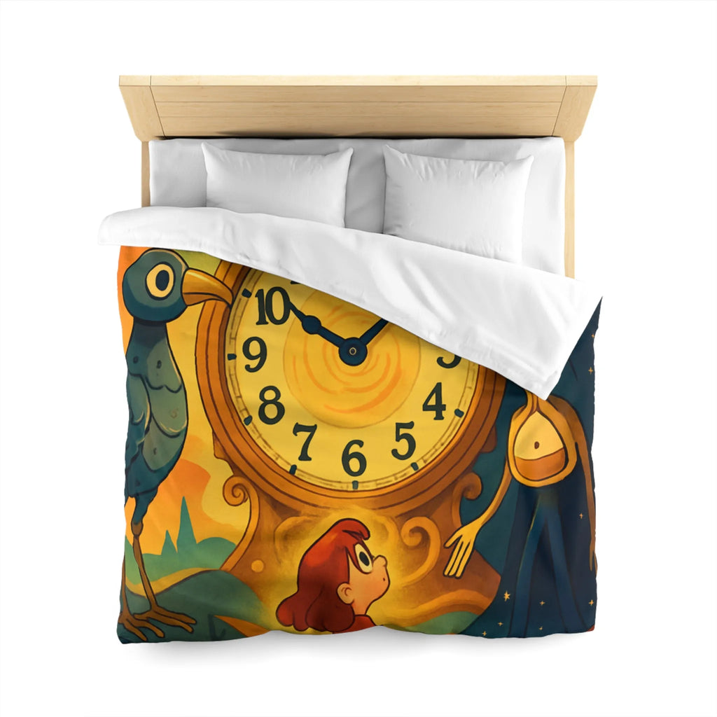 Housse de couette fantastique avec horloge magique et personnages mystérieux en illustration onirique