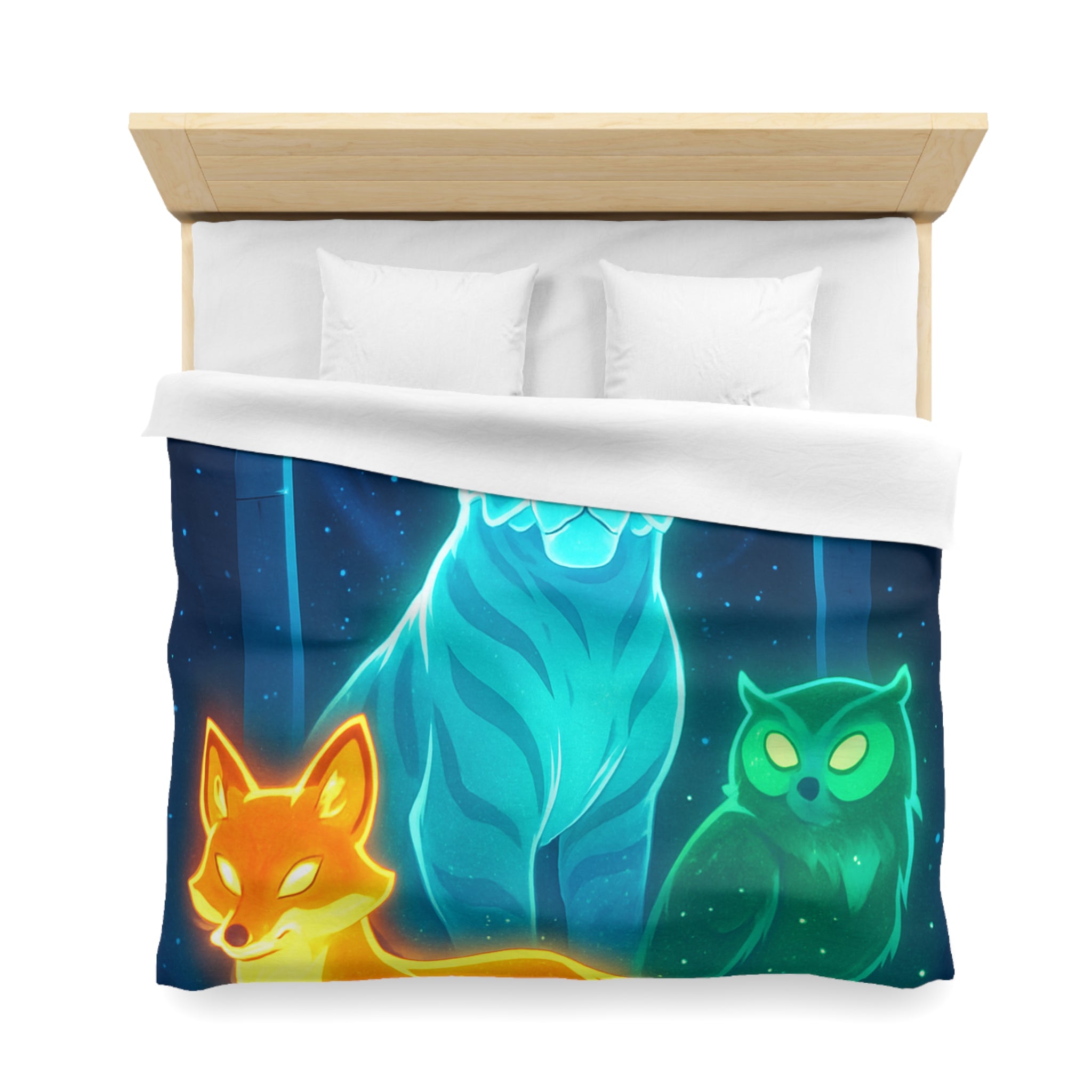 Mystérieuse housse de couette avec renard orange, tigre bleu, et hibou lumineux