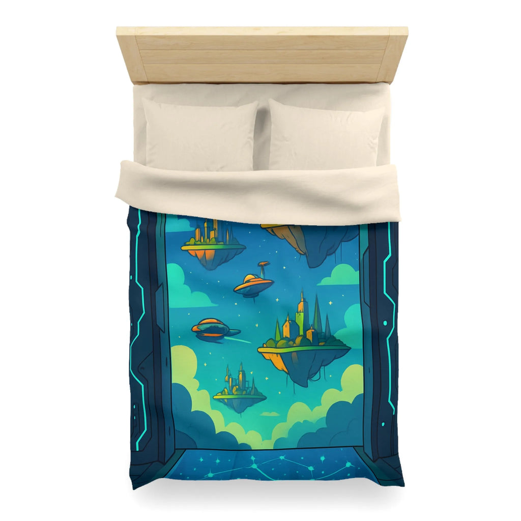 Housse de couette futuriste avec cités flottantes sous ciel étoilé et vaisseaux spatiaux
