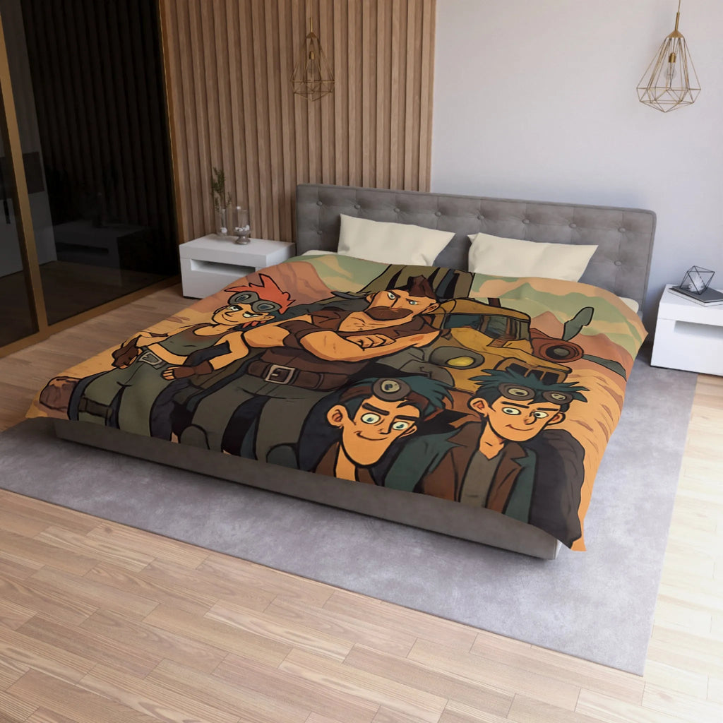 Housse de couette aventure désertique avec personnages et véhicule, style post-apocalyptique