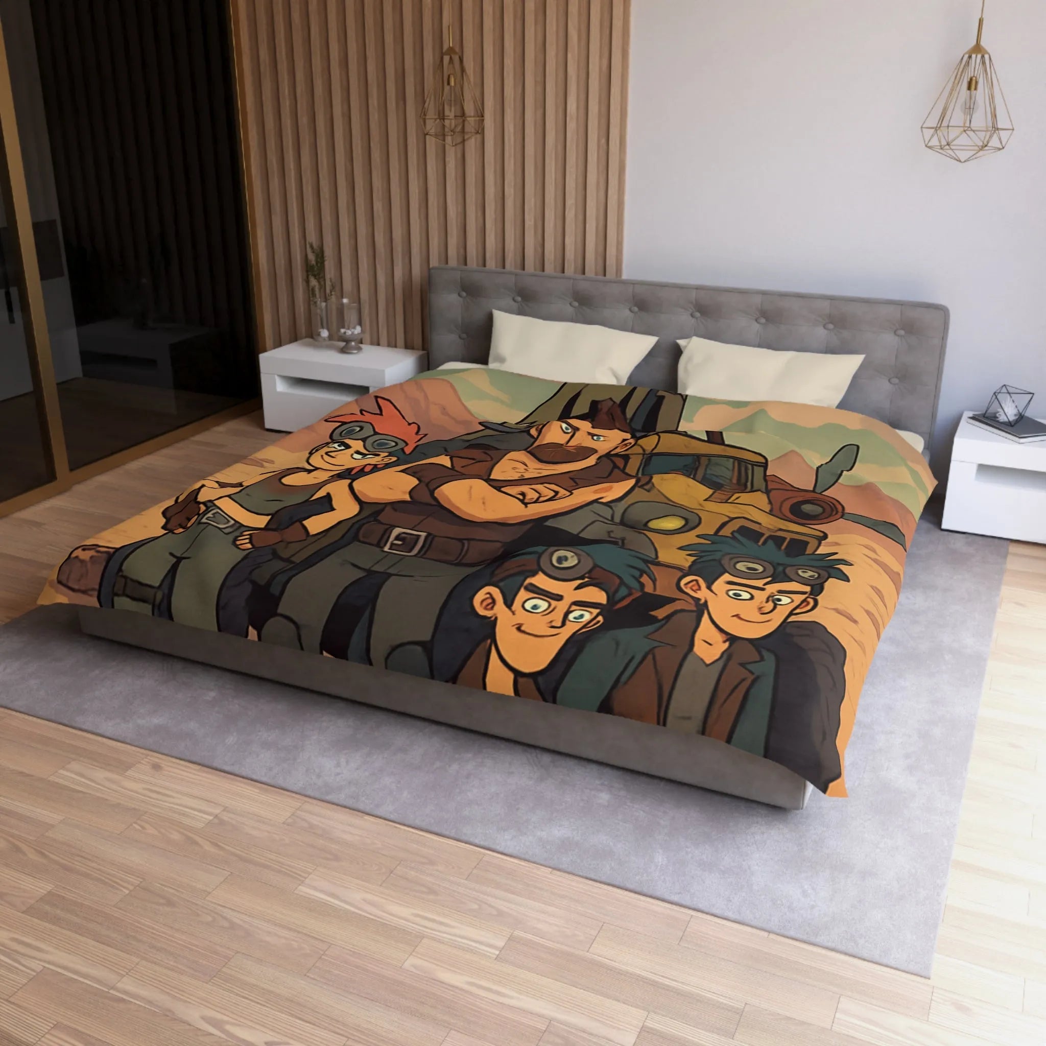 Housse de couette aventure désertique avec personnages et véhicule, style post-apocalyptique