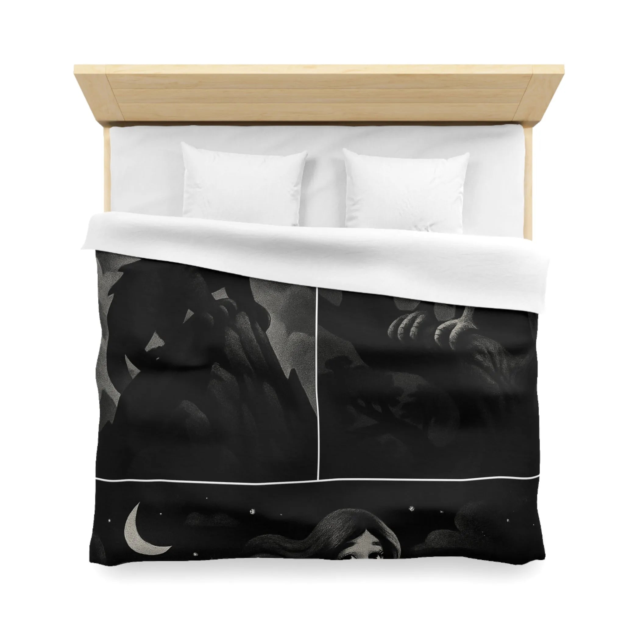 Housse de couette avec motifs de créatures fantastiques dragon, griffon et sirène en noir et gris