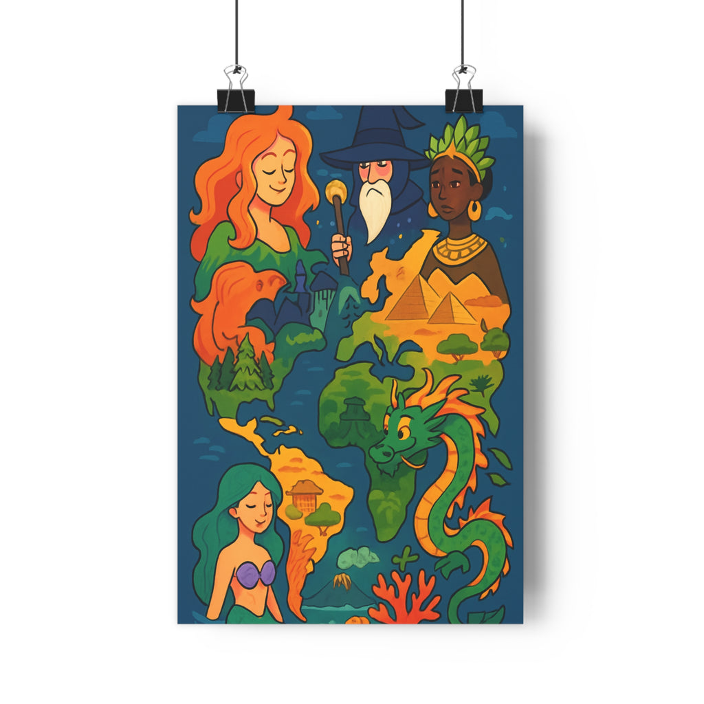 Poster décoratif carte fantastique monde dessin animé joyeux enfant sirène dragon sorcier magique couleurs