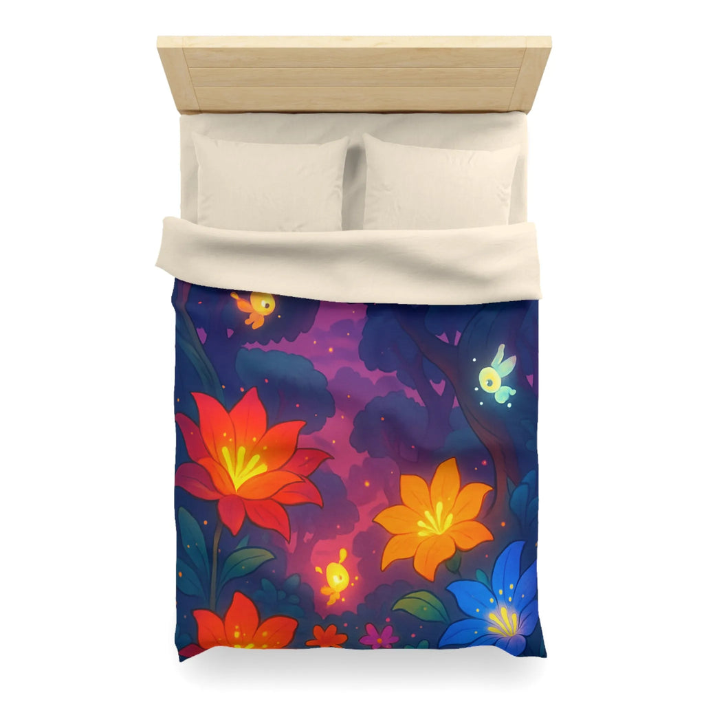 Housse de Couette avec Fleurs Lumineuses et Paysage Enchanté de Forêt Magique Nocturne