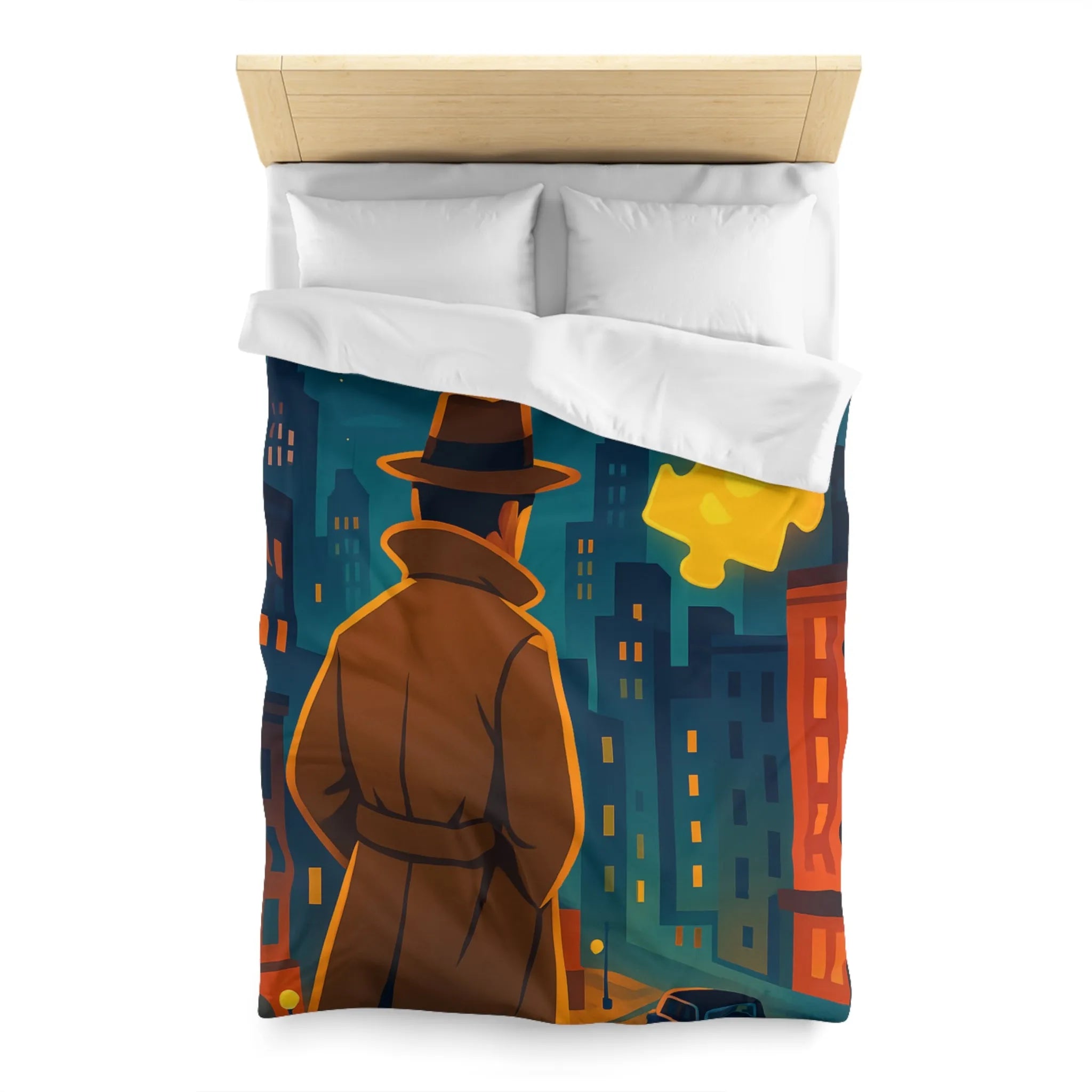 Enquête urbaine rétro avec puzzle lumineux sur housse de couette style détective nocturne