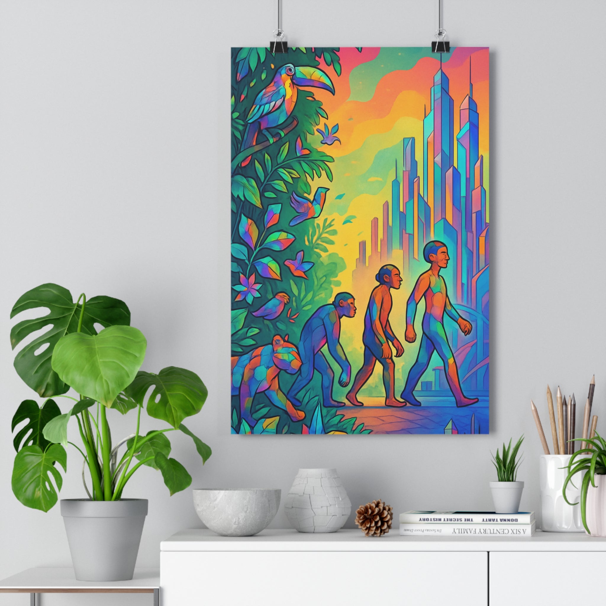 Poster décoratif moderne nature futuriste prismatique joyeux salon bureau art transition architecture silhouette ambiance