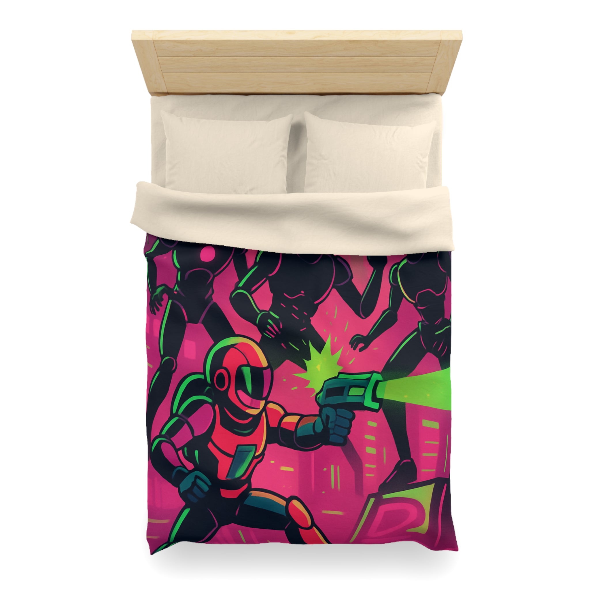 Housse de couette néon futuriste avec combat spatial, designs vifs rétro et cyberpunk