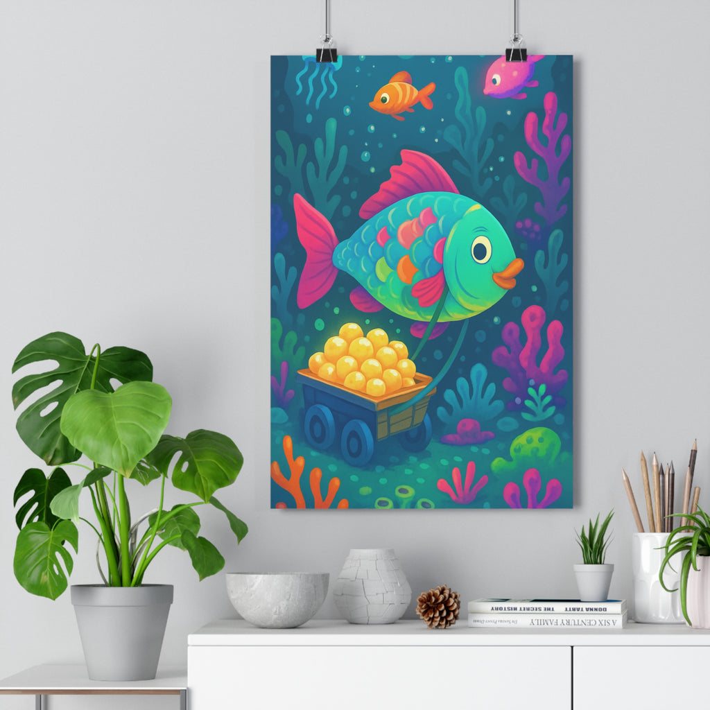 Poster décoratif coloré ludique cartoon enfant océan poisson méduse corail magique ambiance murale vibrant