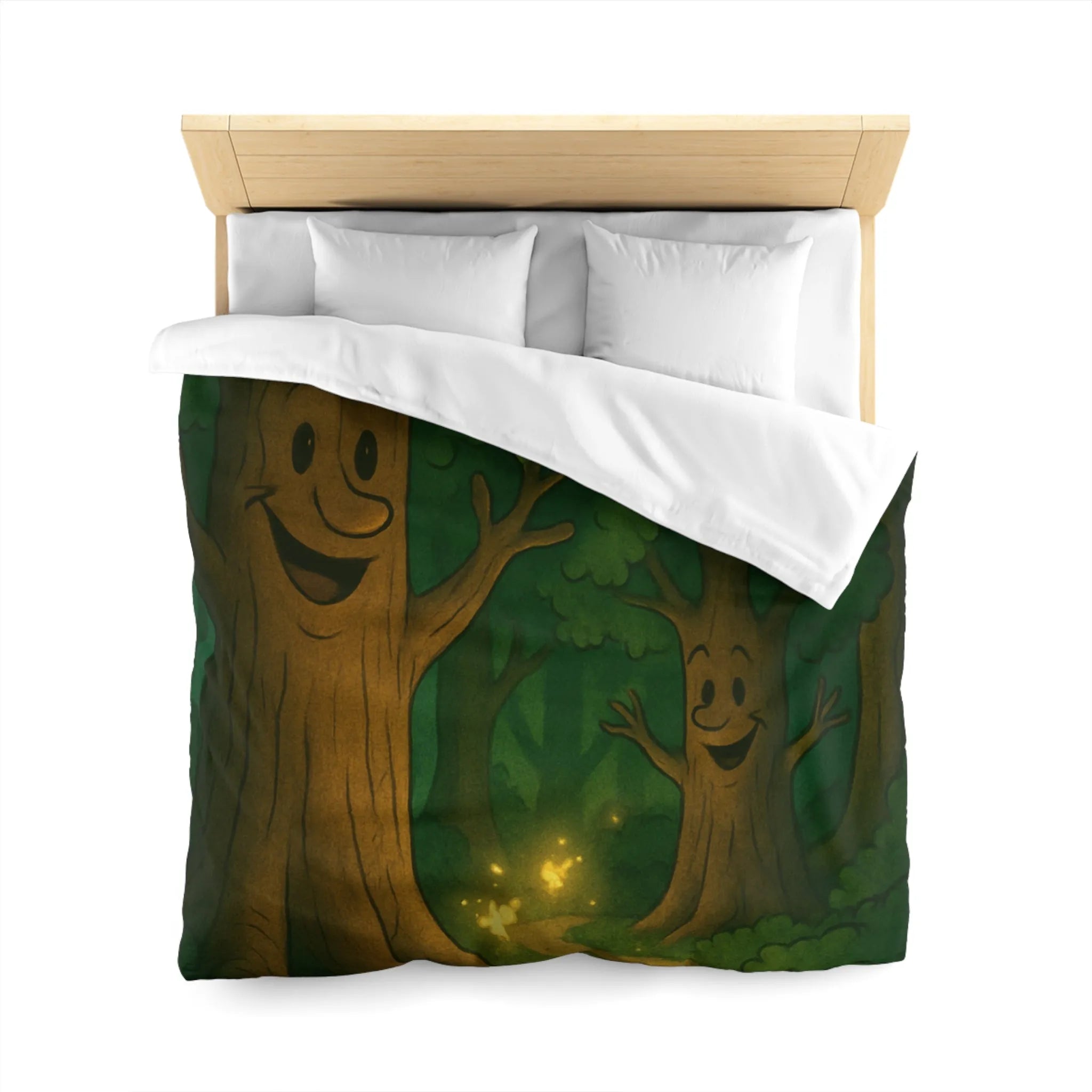 Enchanting Cartoon Forest Scene with Smiling Trees and Glowing Fireflies at Night