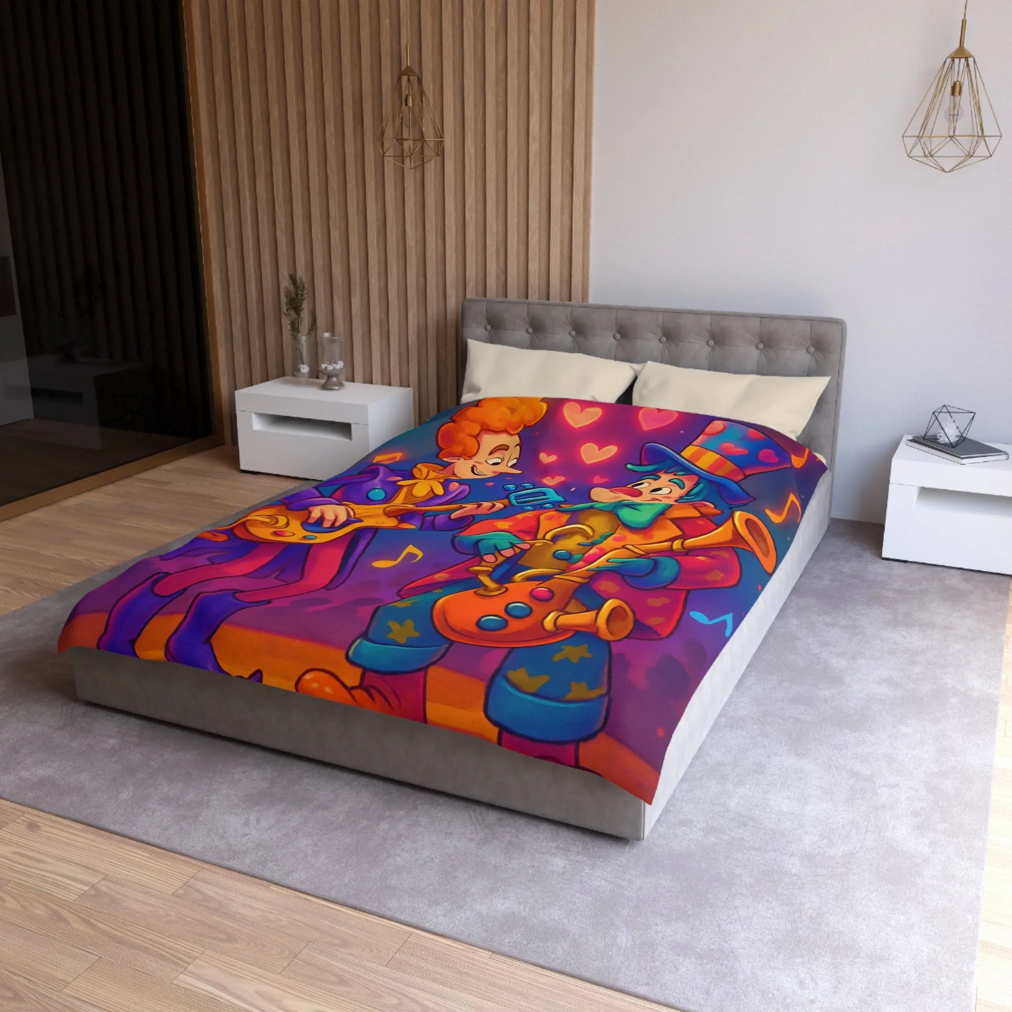 Housse de couette colorée avec musiciens joyeux jouant guitare et saxophone sous projecteurs