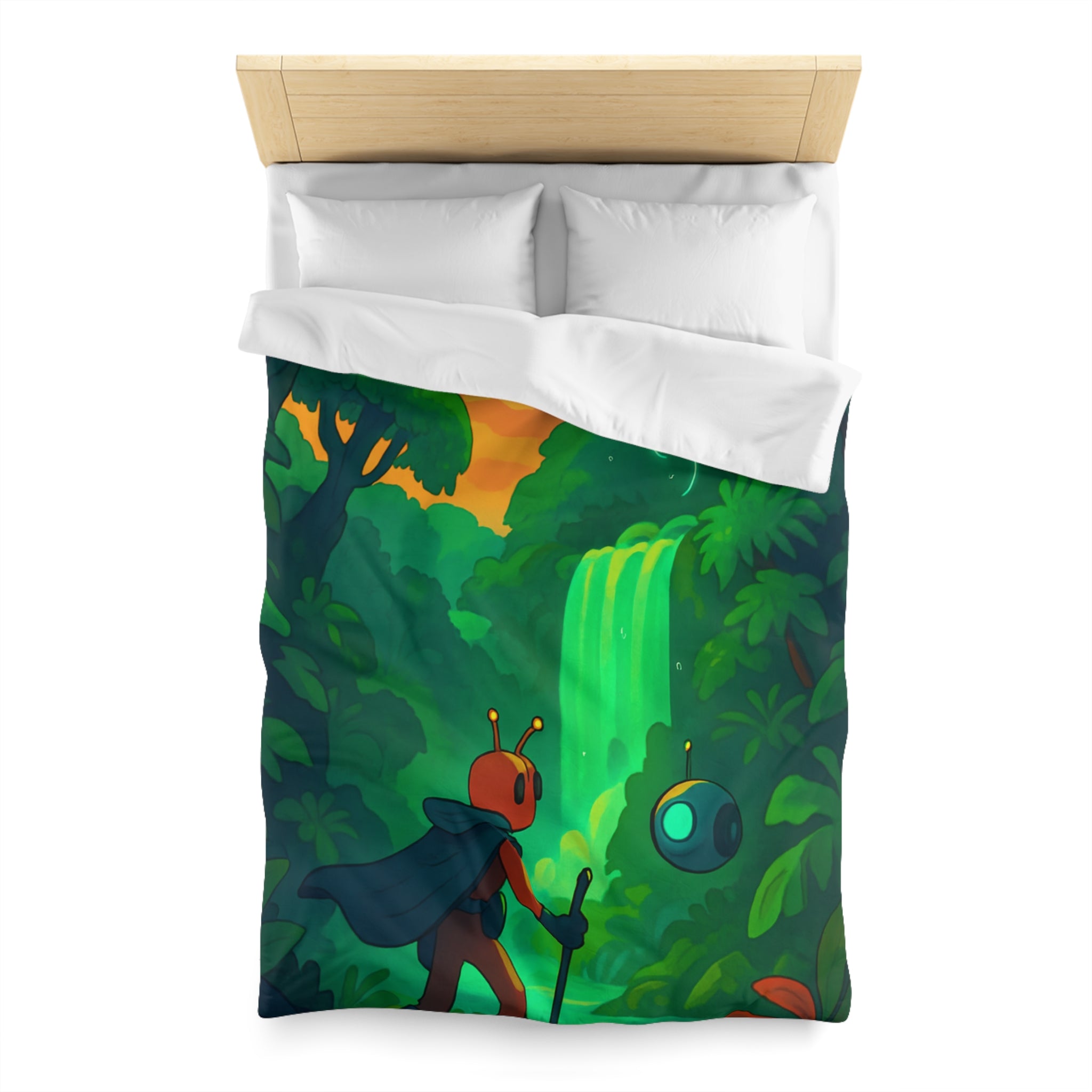 Housse de couette vibrante avec paysage extraterrestre mystérieux et personnage aventurier