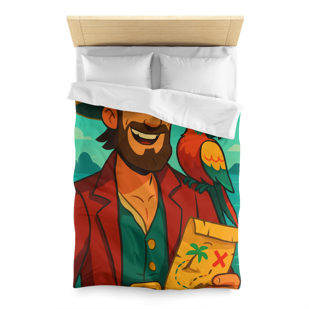 Housse de couette pirate aventurier avec perroquet coloré et carte au trésor illustrée