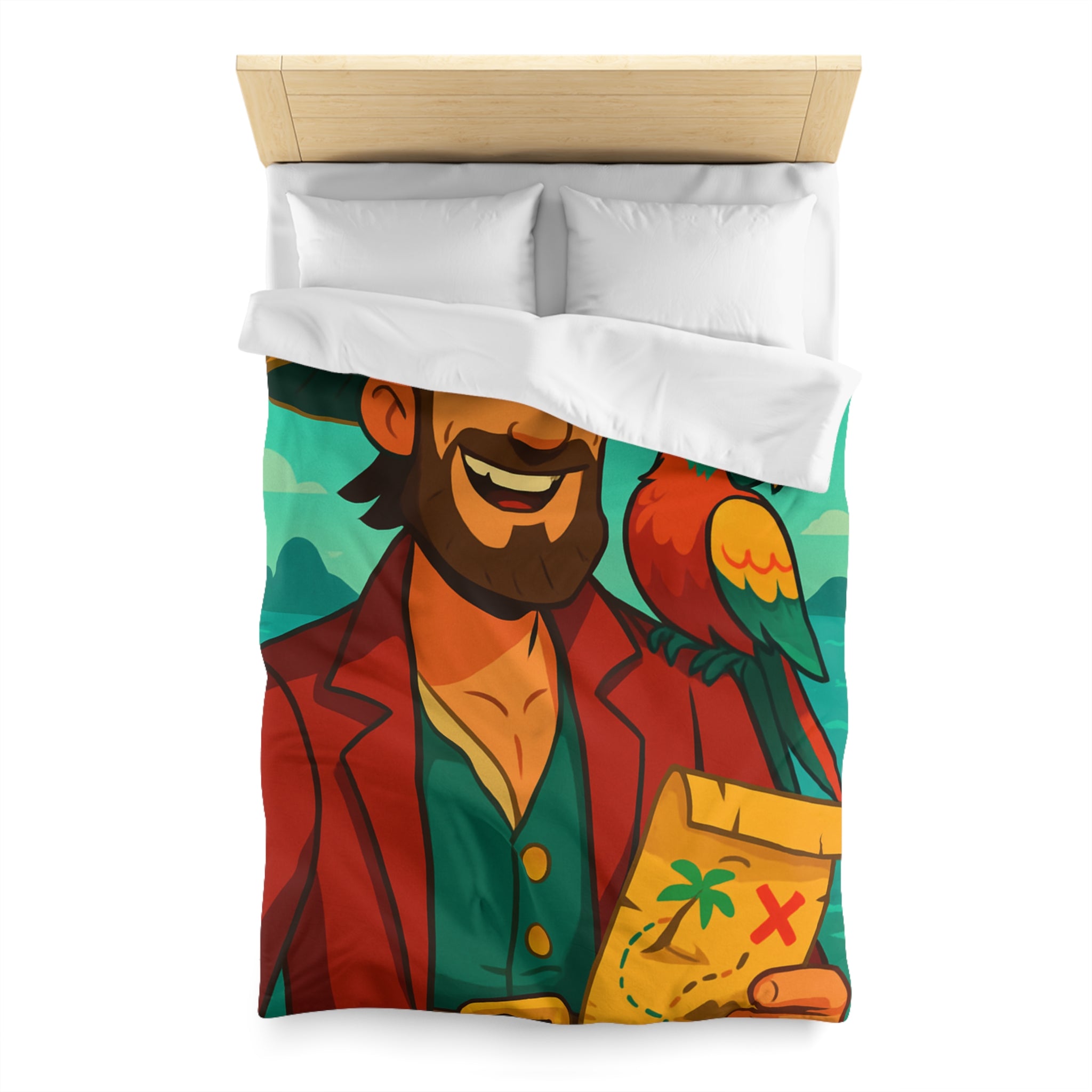 Housse de couette pirate aventurier avec perroquet coloré et carte au trésor illustrée