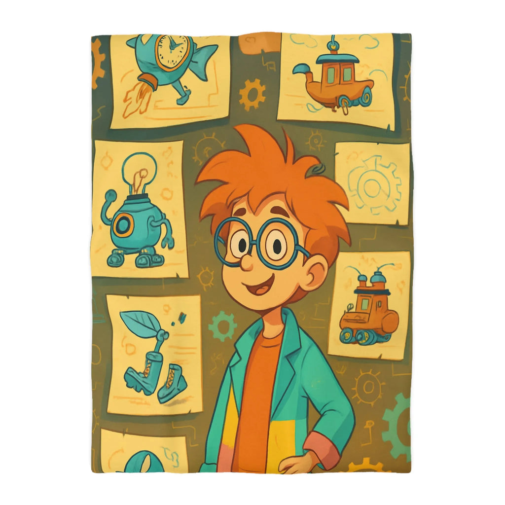 Housse de couette enfant motifs inventeur créatif pour chambre ludique et colorée