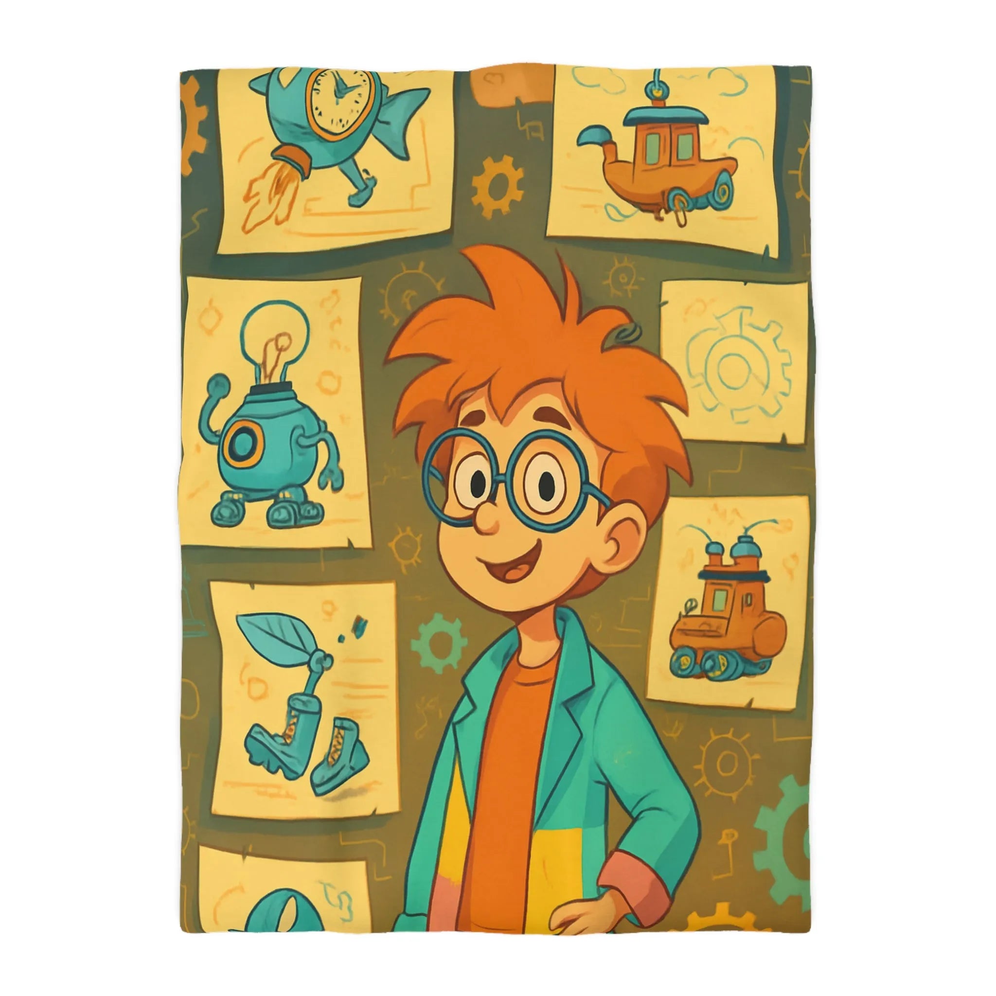 Housse de couette enfant motifs inventeur créatif pour chambre ludique et colorée