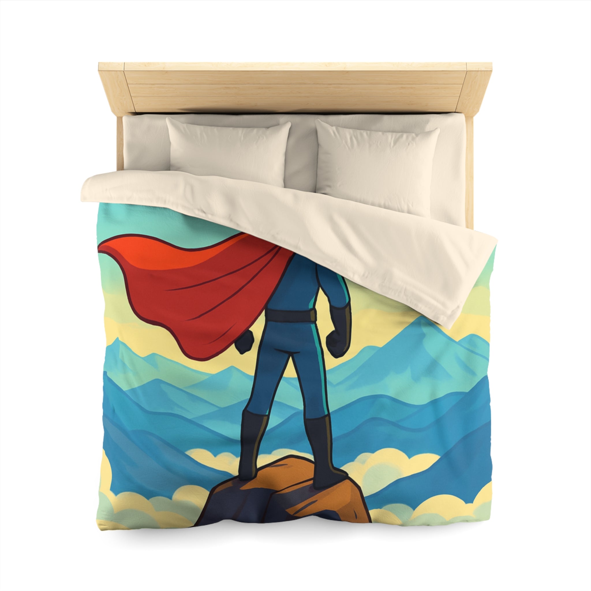 Housse de couette super-héros face montagne montgolfières colorées ciel bleu rêve