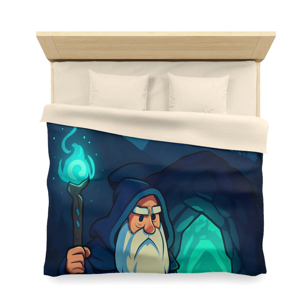Housse de couette avec illustration de sorcier sous une aurore boréale et pleine lune
