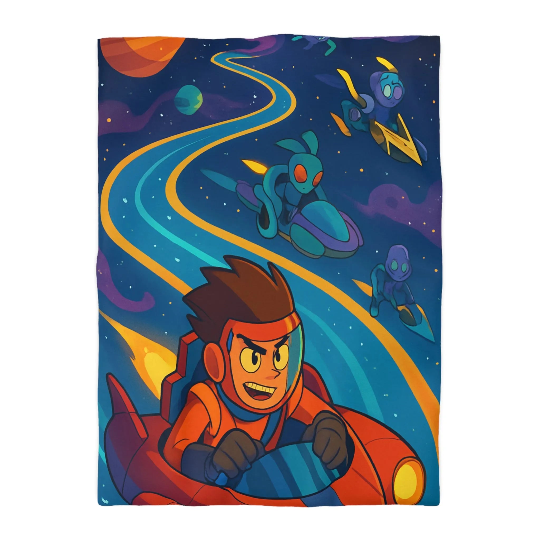 Housse de Couette Illustrée Espace avec Personnage et Vaisseaux pour Enfants Couleurs Vives