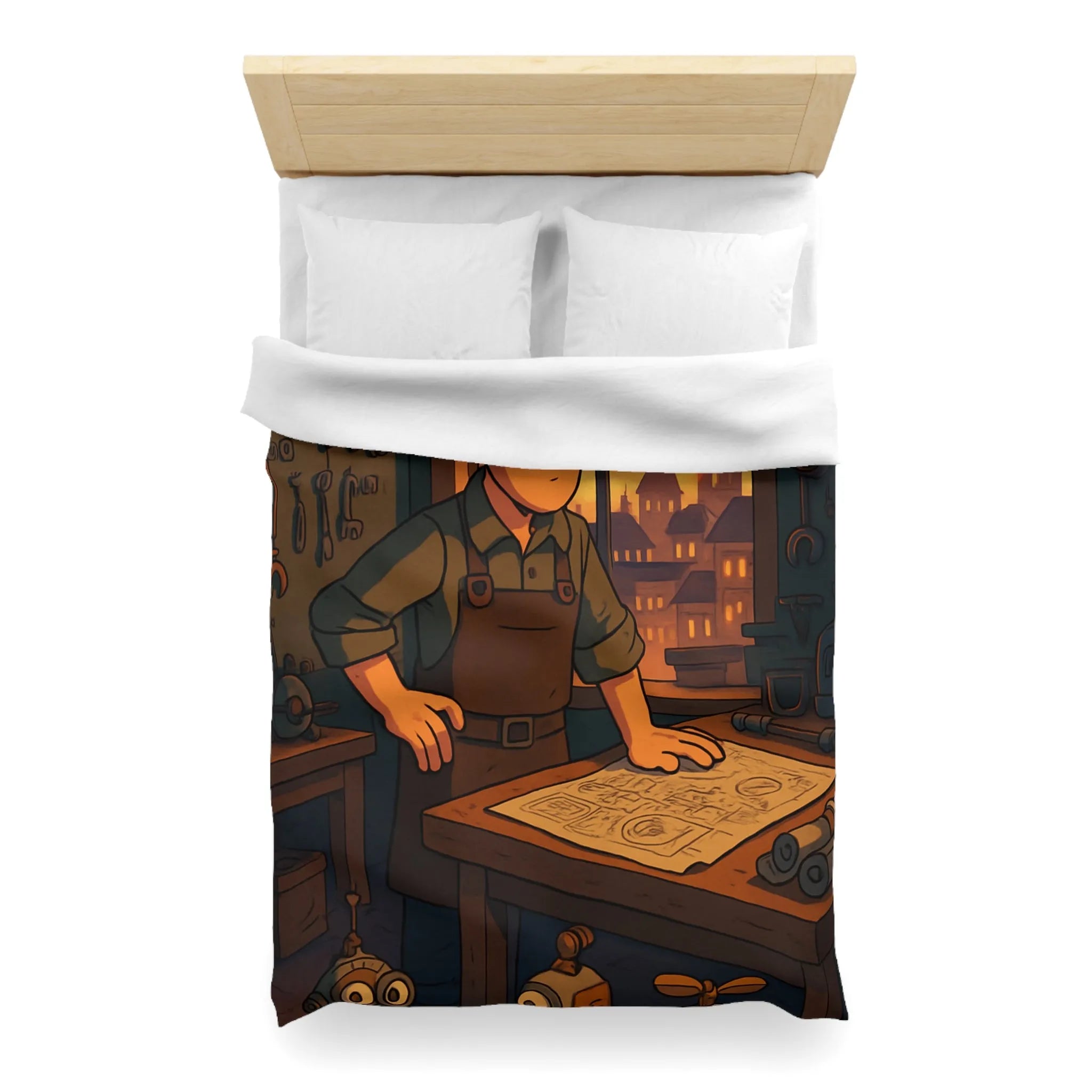 Housse de couette enfant avec illustration atelier rétro et robots amusants pour inventeur