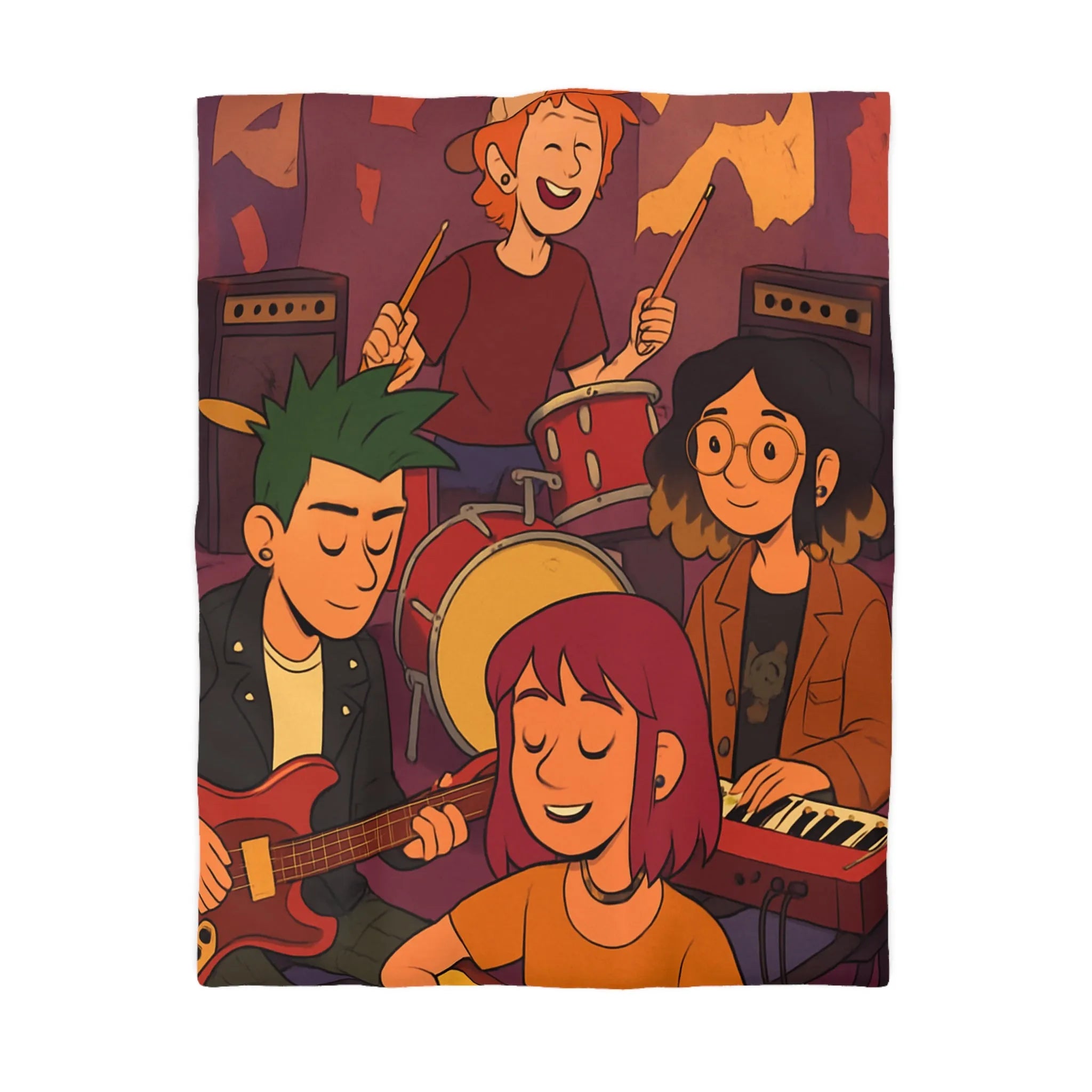 Housse de couette colorée avec jeunes musiciens animés jouant en harmonie joyeuse