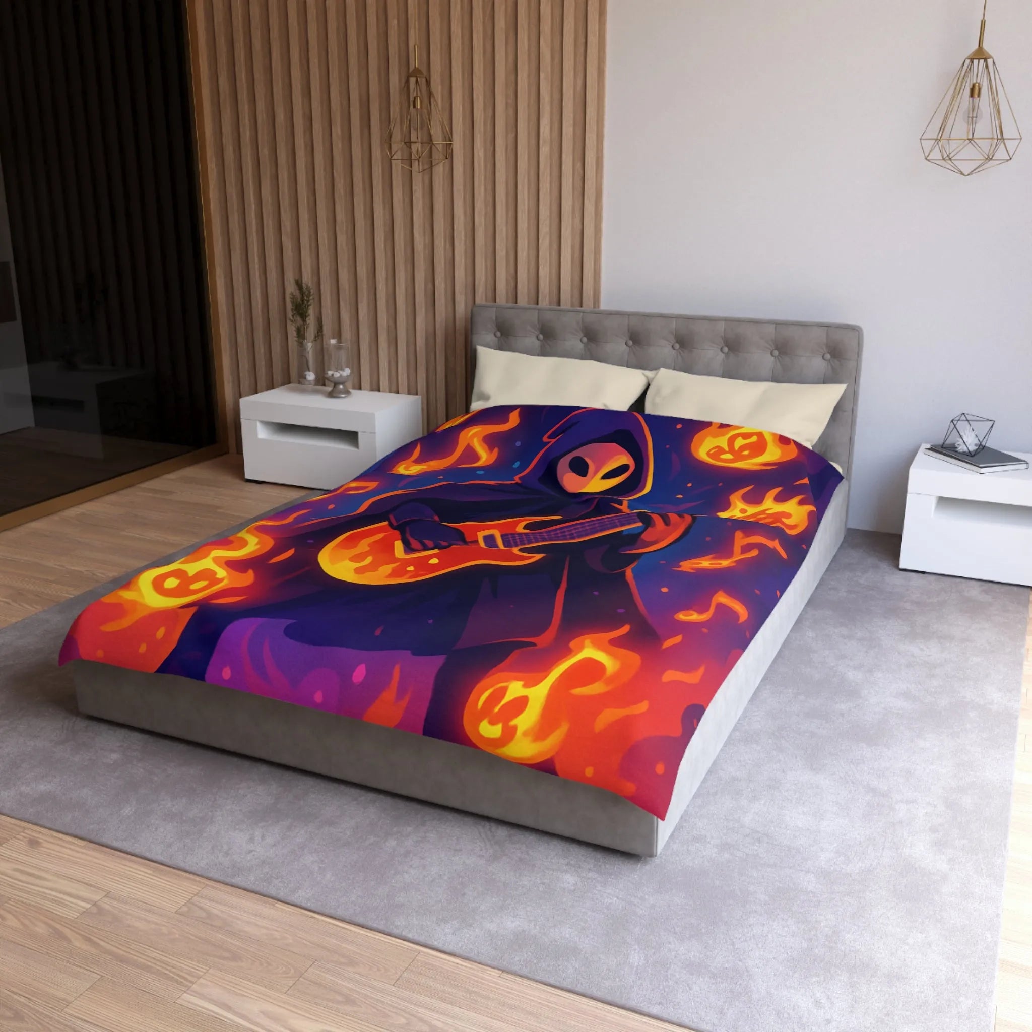 Housse de Couette Envoûtante avec Musicien Mystérieux Jouant de la Guitare en Flammes