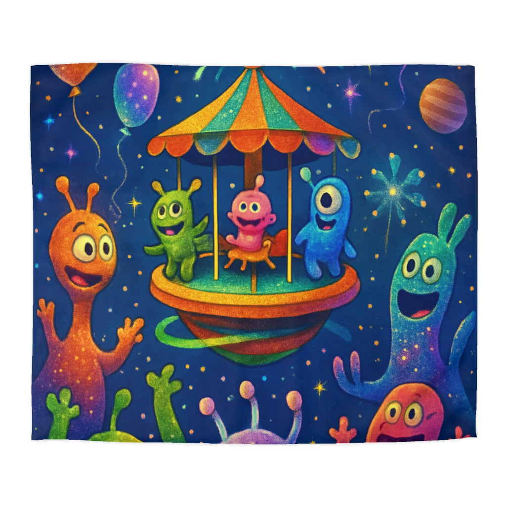 Housse de couette aux créatures extraterrestres colorées sous feux d'artifice et ballons colorés