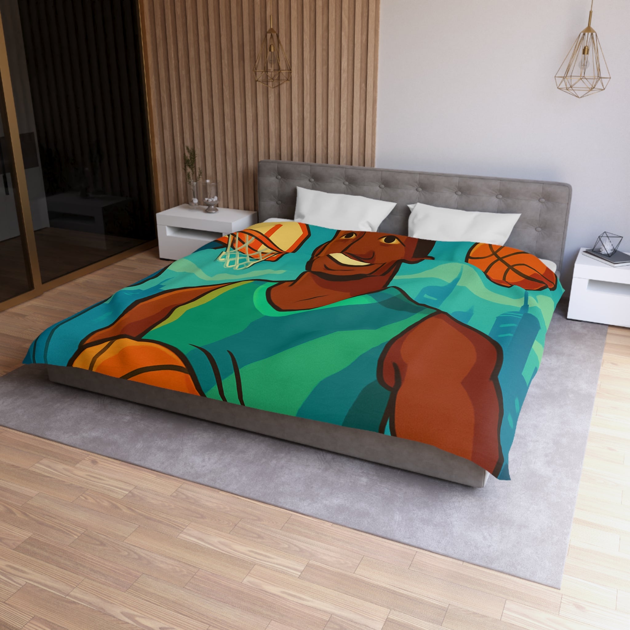 Housse de Couette Pour Enfant Thème Basketball Colorée et Ludique avec Joueur Souriant