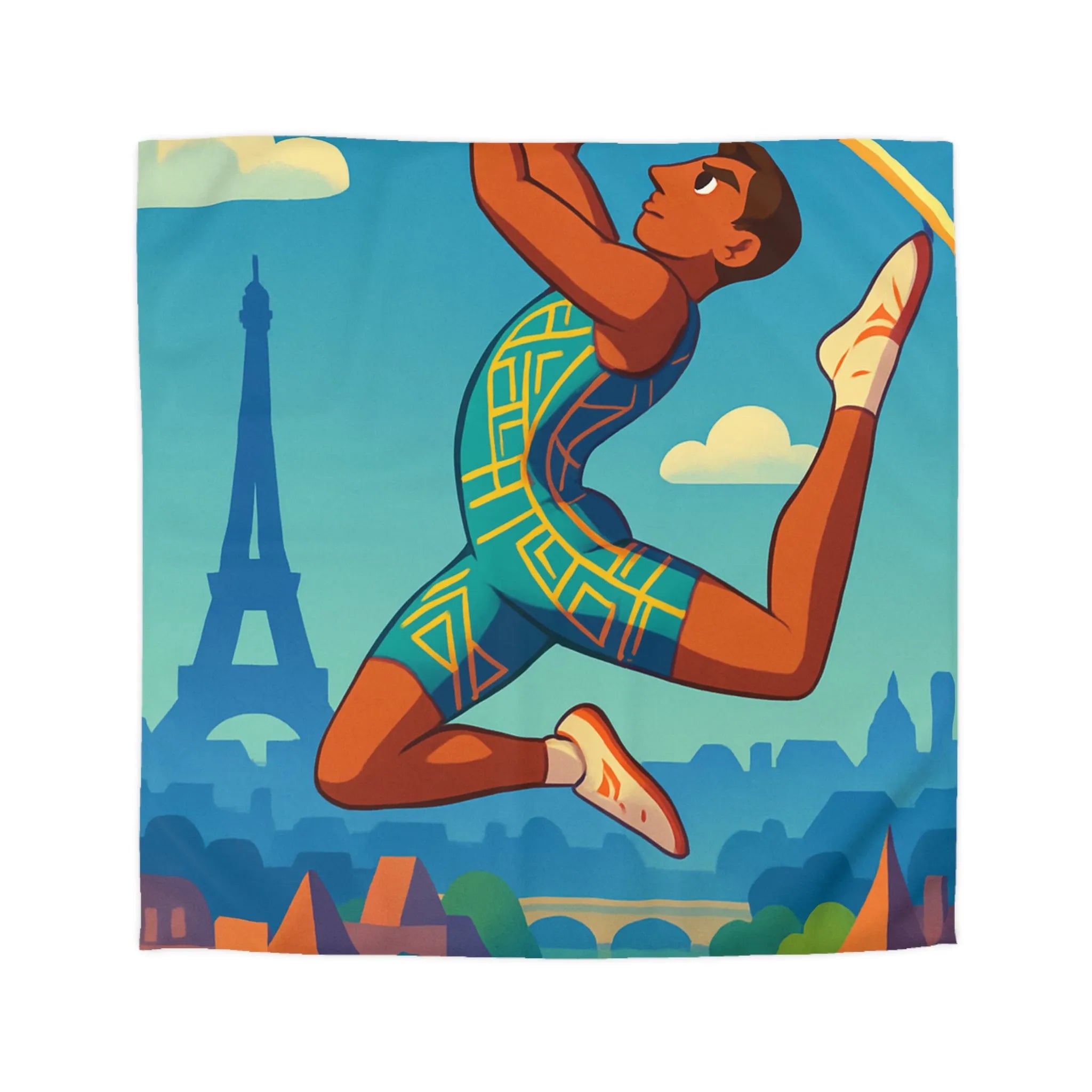 Housse de couette athlète sautant en ville avec ciel bleu et monuments célèbres