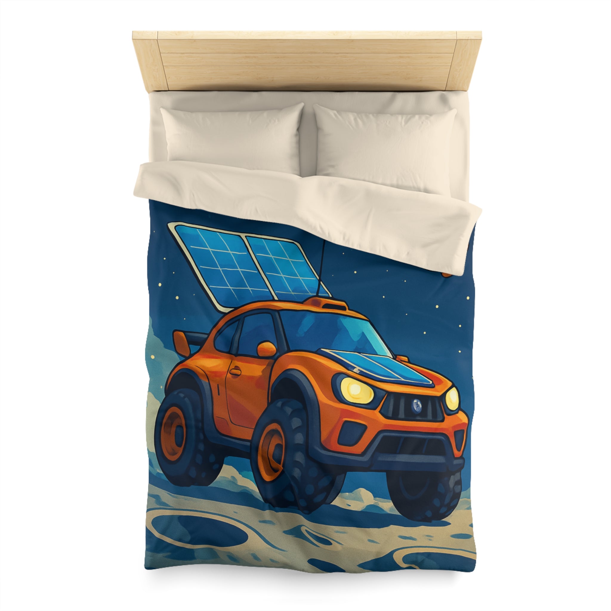 Housse de couette spatiale avec voiture orange et robots sur fond lunaire captivant