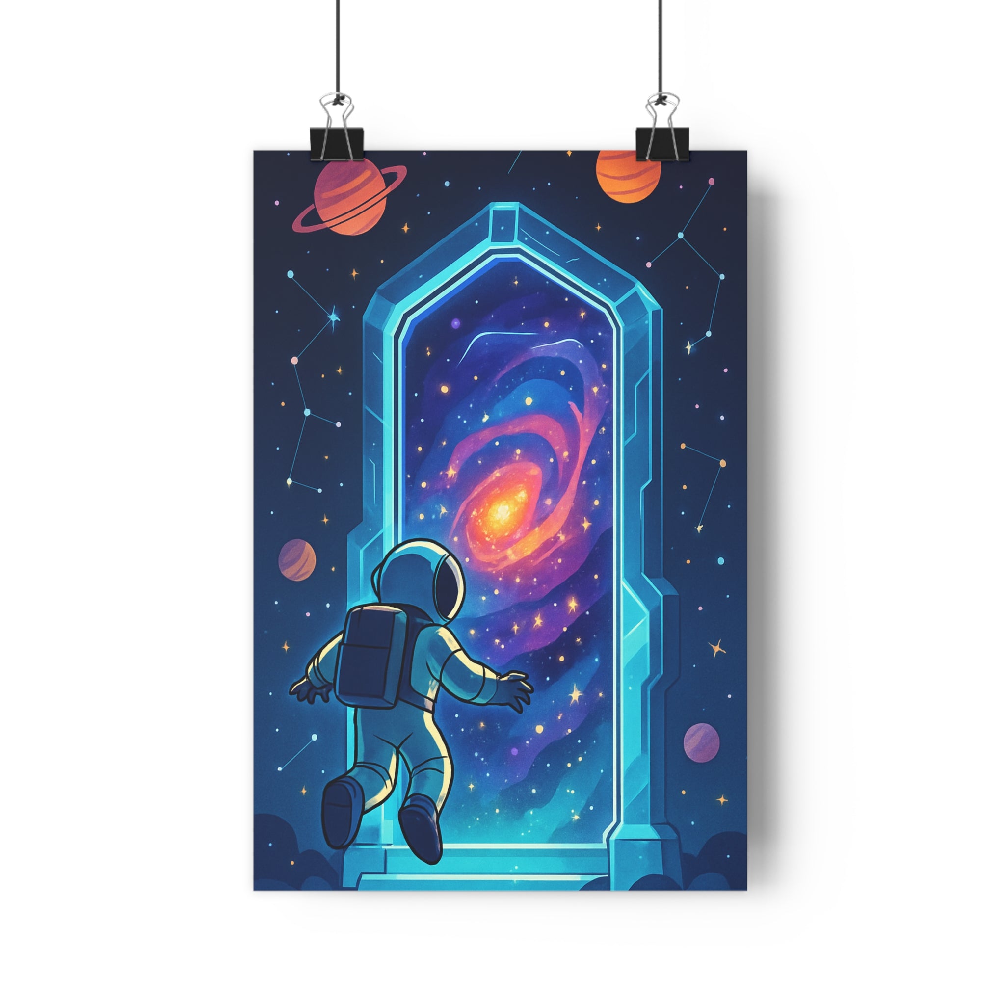 Poster décoratif sciencefiction astronaute galaxie cartoon néon bleu violet mystique chambre bureau 30x46 qualité