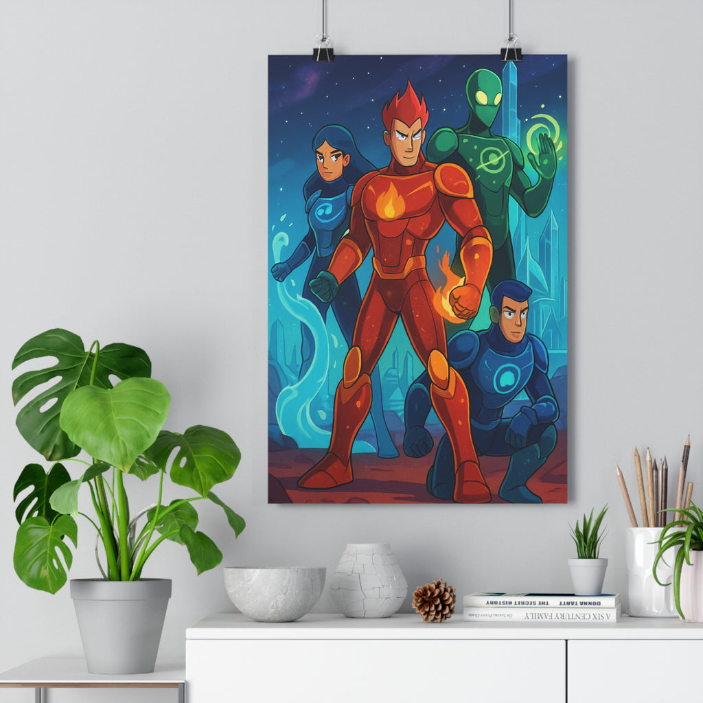 Poster décoratif cartoon rouge bleu vert aventure épique cosmique chambre enfant futuriste vibrant éclatant