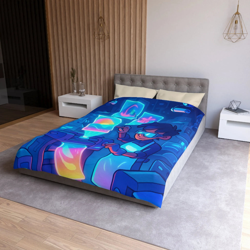 Housse de couette avec design futuriste lumineux d'imprimante et personnage créatif