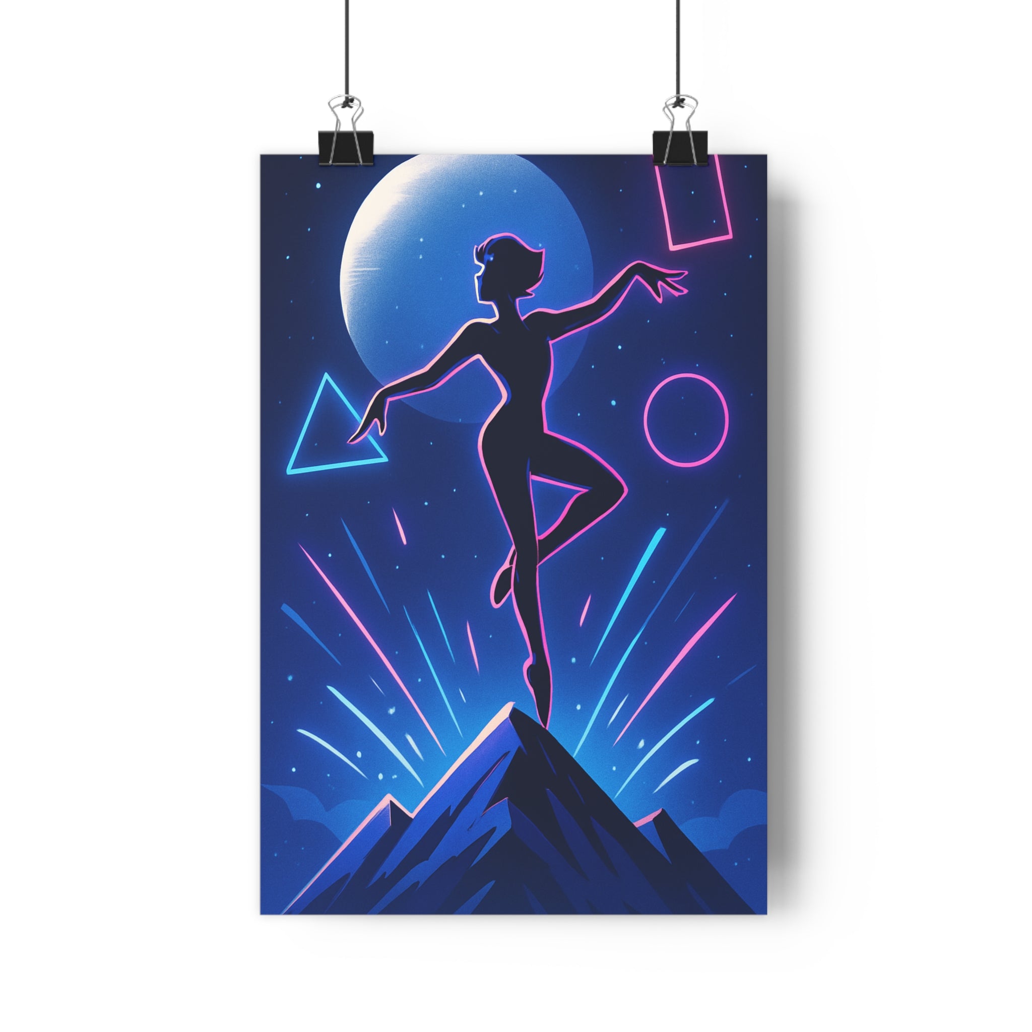 Poster décoratif moderne danseuse abstrait bleu rose violet mystique salon chambre dynamique étoilé montagneux