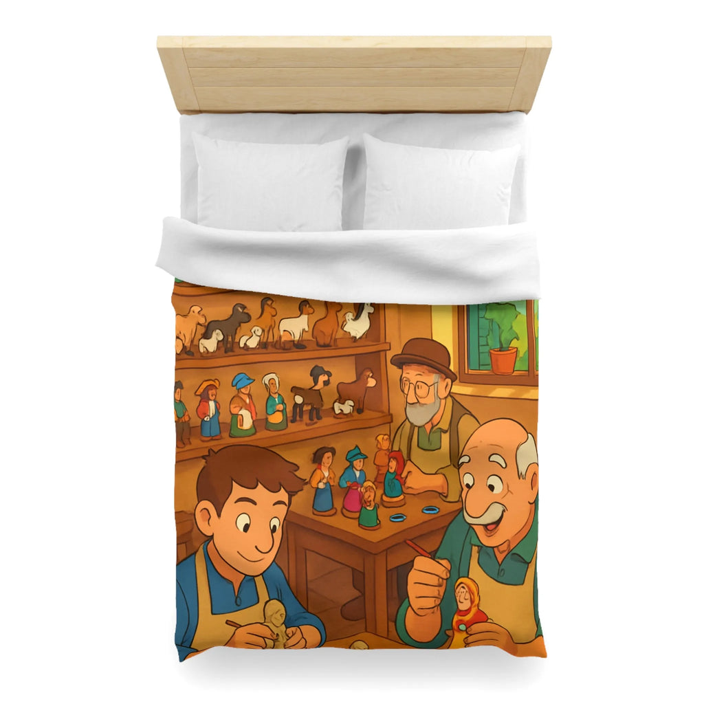 Housse de couette chaleureuse avec scène artisanale, figurines en bois colorées et personnages souriants