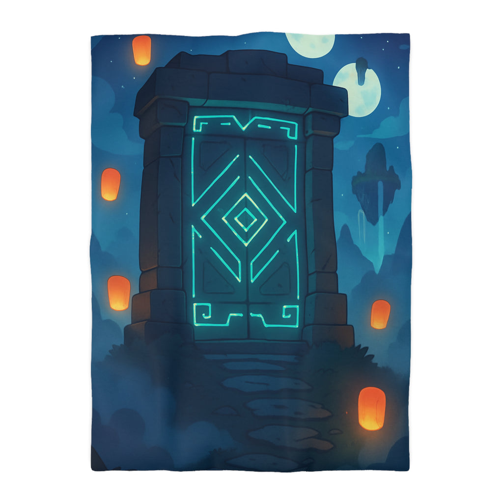 Housse de couette mystérieuse avec portail magique et lanternes flottantes sous ciel étoilé