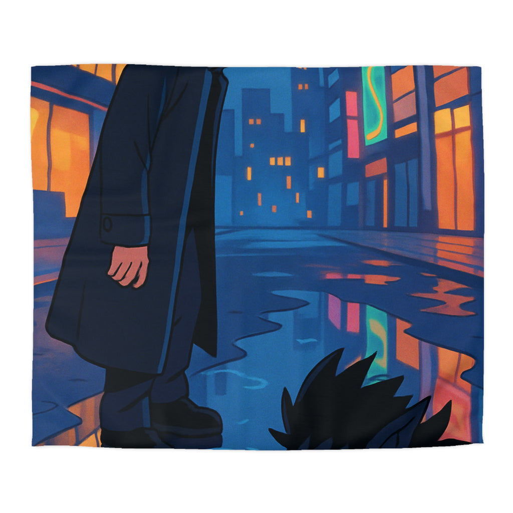 Housse de couette urbaine avec reflet mystérieux dans une rue animée la nuit