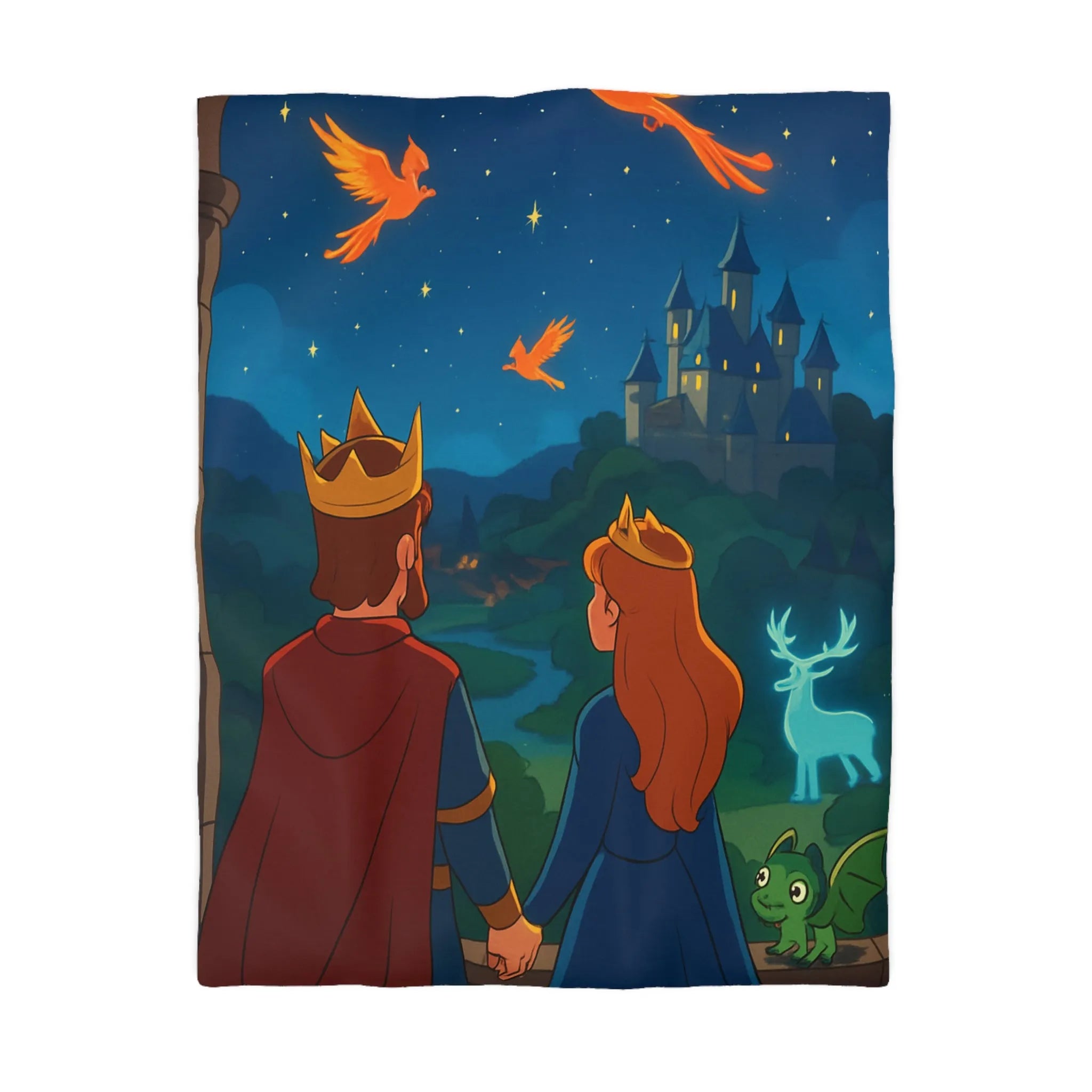 Housse de couette magique avec roi, reine et château sous ciel étoilé enchanté