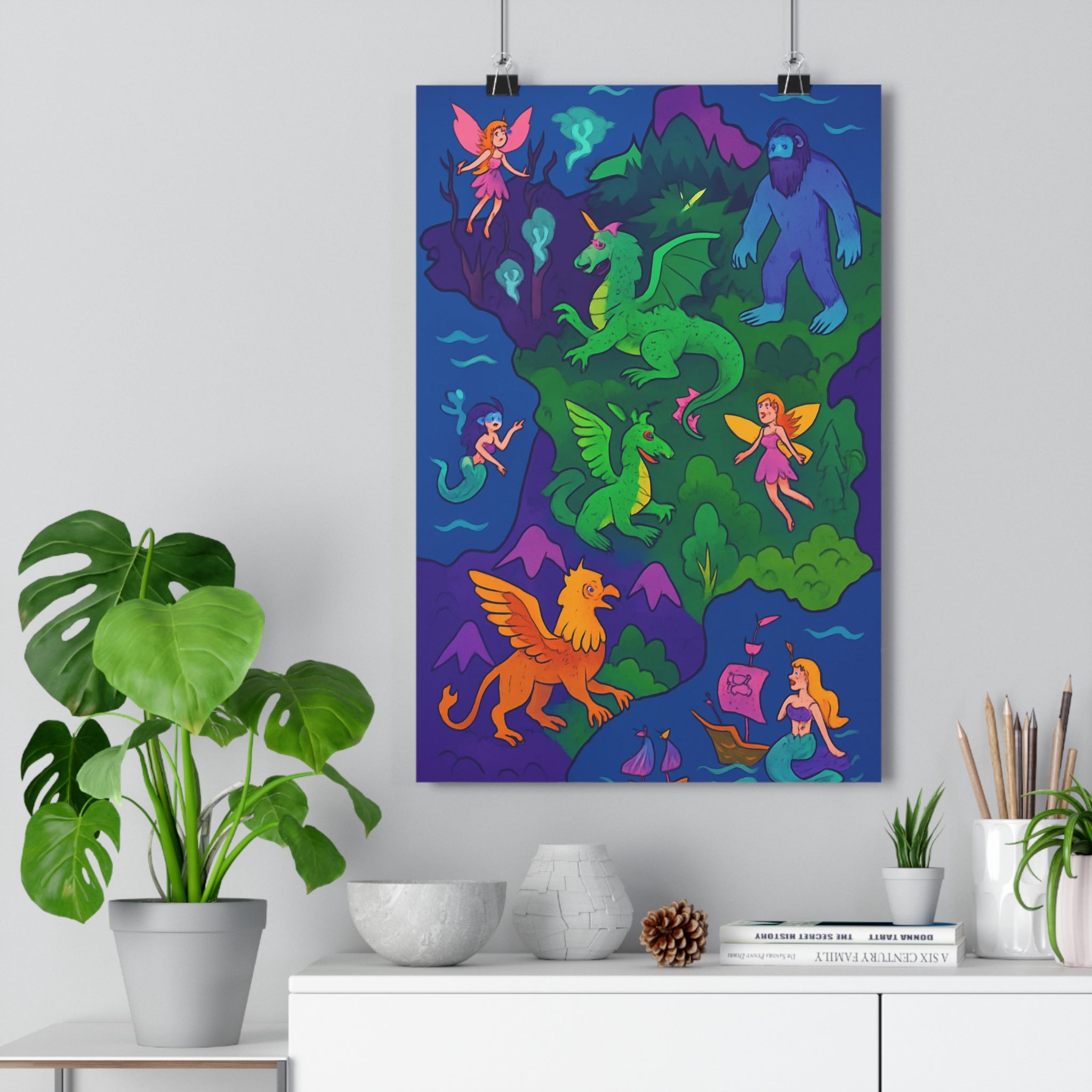 Poster décoratif carte France créatures mythologiques magique vert bleu violet enfant 30x46 mystique qualité