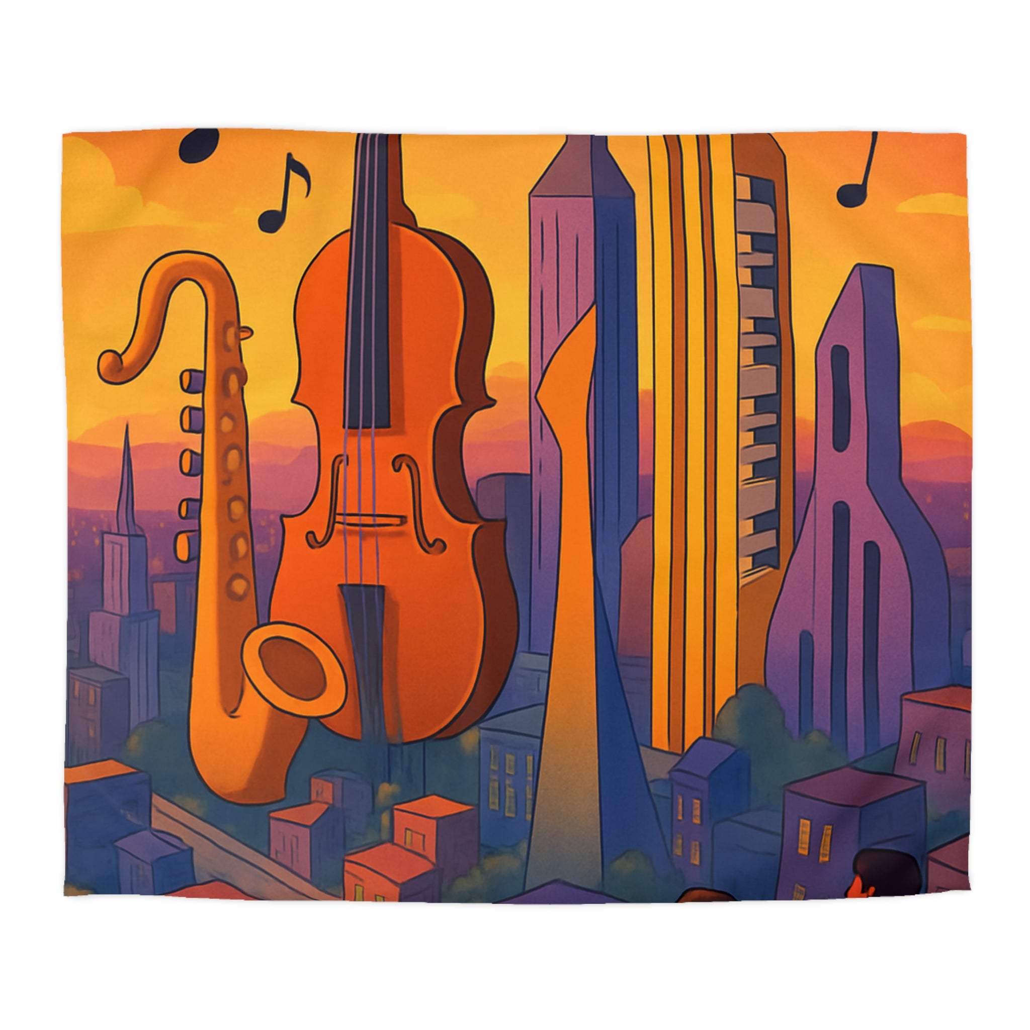 Housse de couette urbaine avec des instruments géants flottant au coucher de soleil vibrant