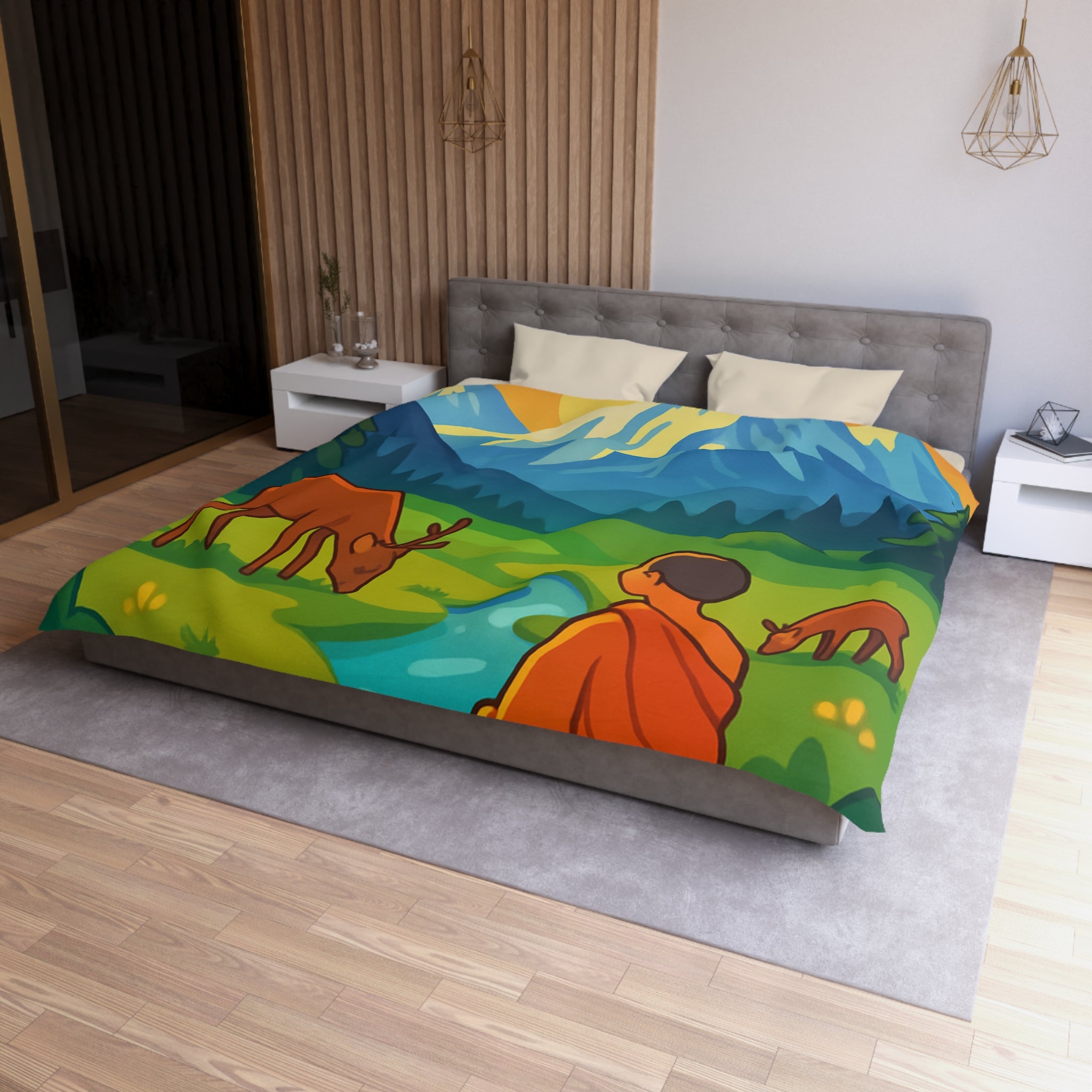 Housse de couette zen avec paysage montagneux, moine, cerfs et rivière tranquille