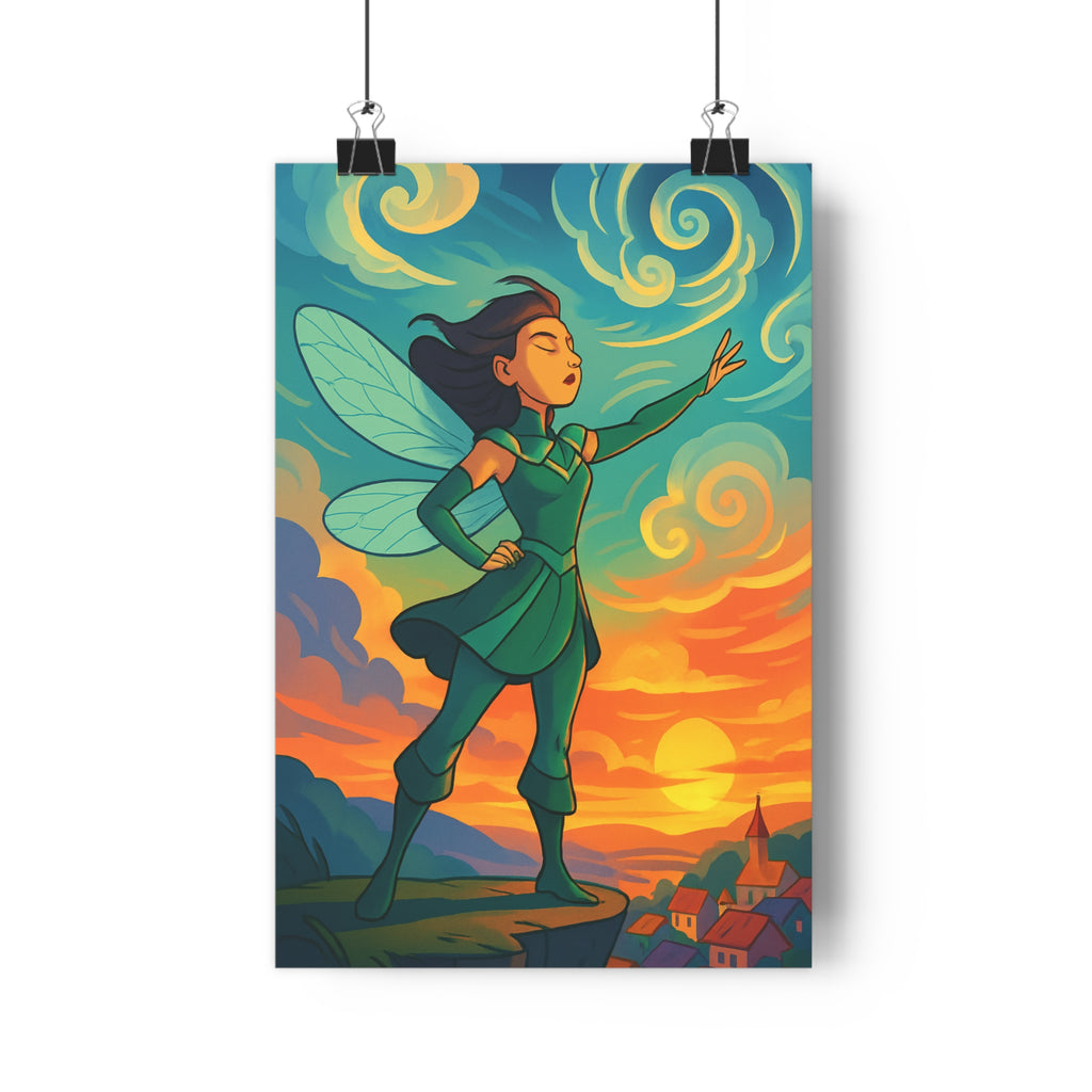 Poster décoratif héroïne poétique cartoon aérien bleu orange vert chambre créatif coucher 30x46 qualité