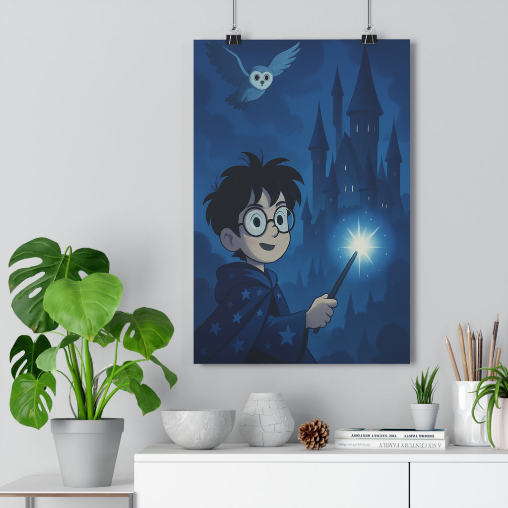 Poster décoratif enchanté sorcier bleu mystique cartoon magique enfant chambre chouette baguette nocturne château