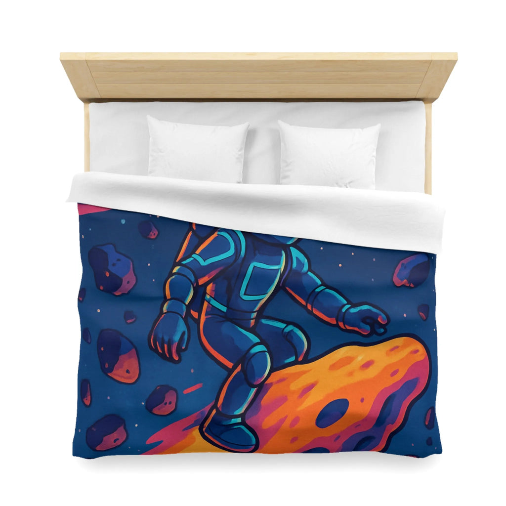 Aventure spatiale colorée avec astronaute sur météore, planète anneau et vaisseaux futuristes